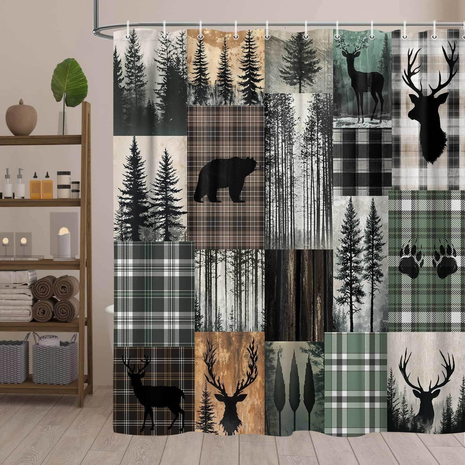 MERCHR Rustic Cabin Shower Curtain, Camping Bear Deer Country Hunting Wild Animal Teal Shower Curtains for Bathroom, Farmhouse Rustic Fabric Restroom Decor Accessories with Hooks 72X75 Inch