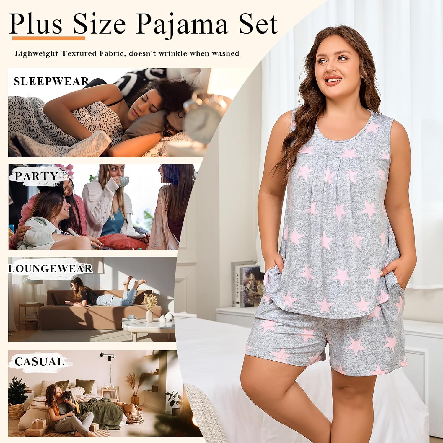 Findsweet Plus Size Women's Pajamas Sets 2 Piece Soft Sleeveless Pjs Sleepwear Ladies Loungewear Sets with Pockets