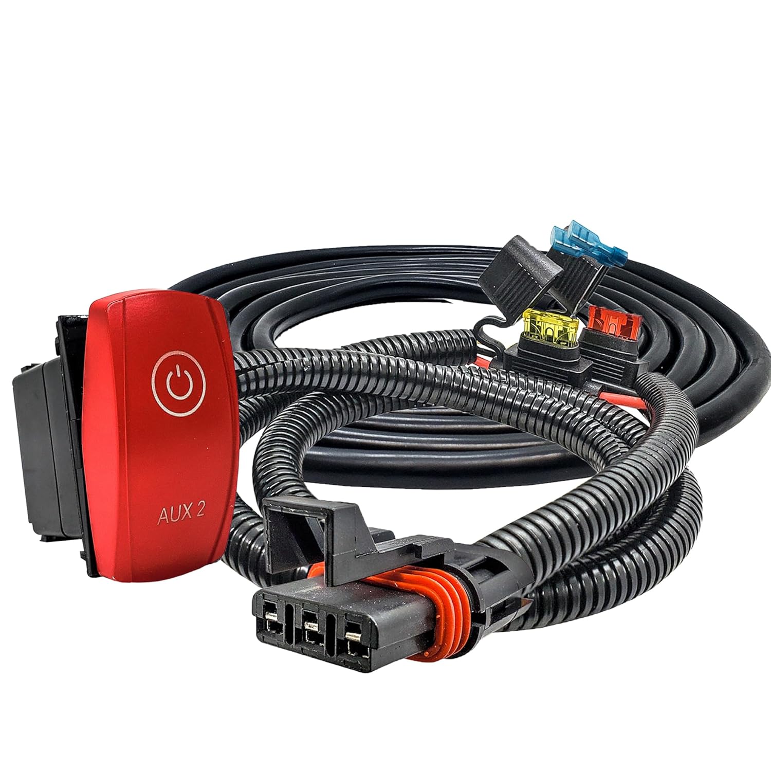 OZ-USA 10ft Plug & Play AUX2 On/Off Red Rocker Switch with Pulse Power Busbar Plug Wiring Harness – Compatible with 2018-2025 Polaris RZR PRO XP Ranger 1000 General Xpedition ADV Models