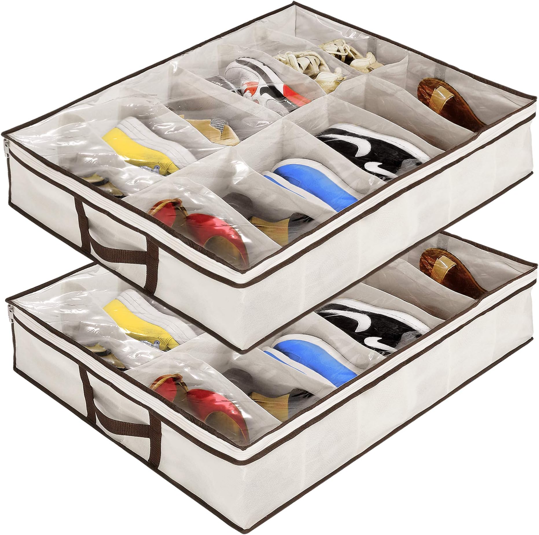 Ziz Home Under Bed Shoe Organizer 2 Pack for Kids and Adults - 12 Pairs - Underbed Shoes Closet Storage Solution - Made Materials with Front Zippered Closure - Easy to Assemble (1) (2)