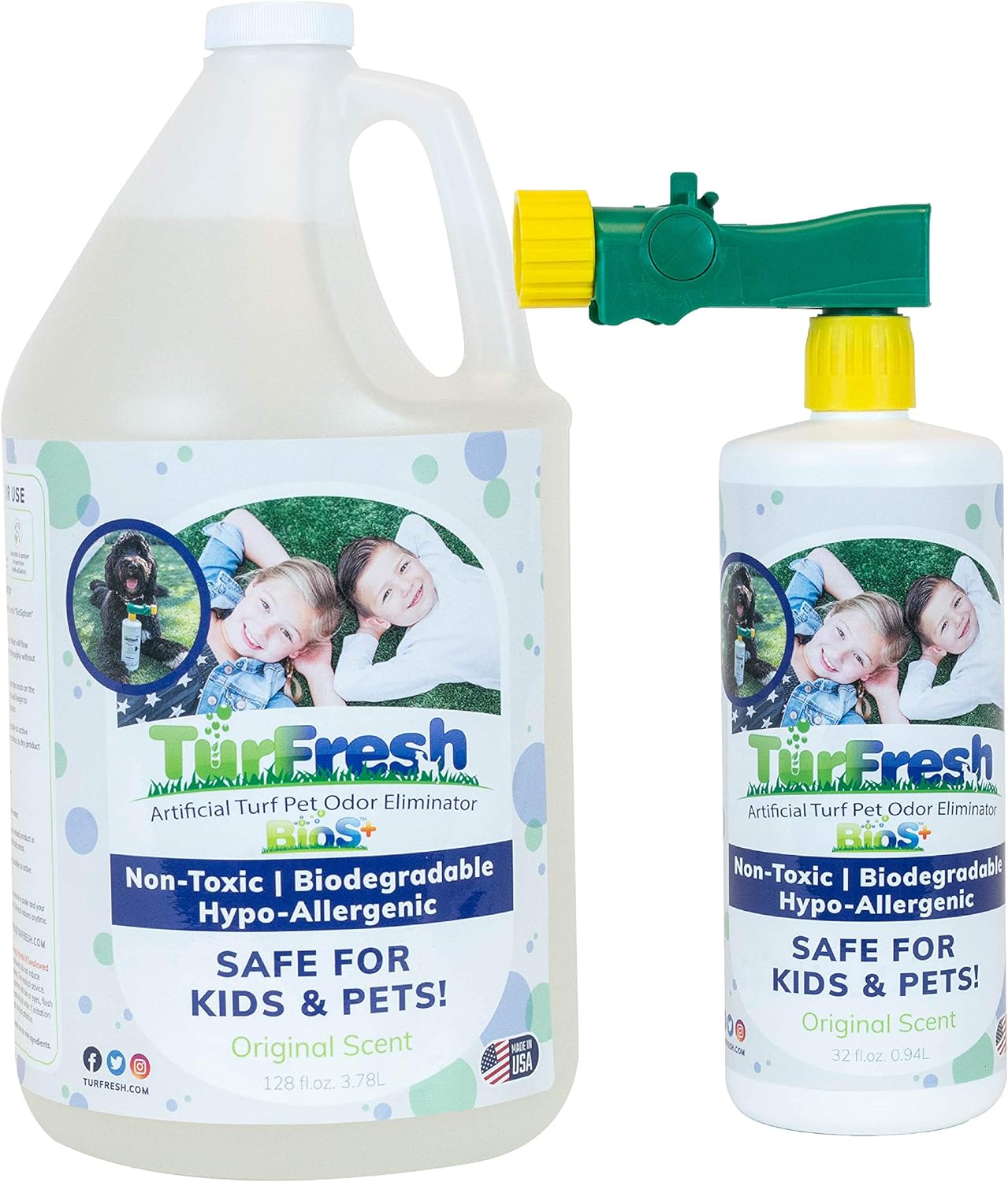 TurFresh BioS+ Artificial Turf Odor Eliminator Value Pack – Yard Deodorizer – Enzyme Concentrate for Pet Urine & Feces – Safe for Kids & Pets – 1 Gallon & 32 oz Bottle Sprayer, Original Scent