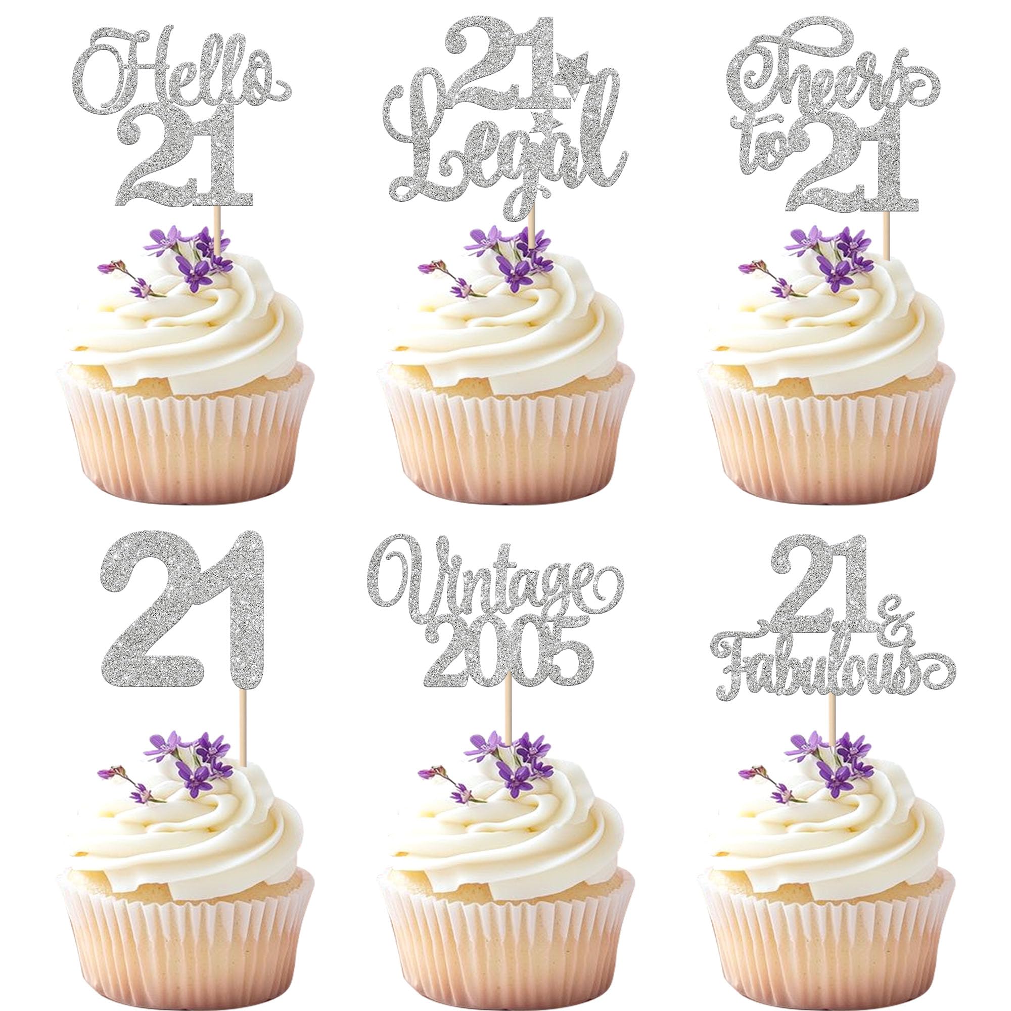 Xsstarmi 24 Pack Vintage 2005 Cupcake Toppers Glitter Silver Twenty One Legend 21 Cupcake Picks Hello 21 Cheers to 21 Years Cake Decorations for Happy 21st Birthday Anniversary Party Supplies