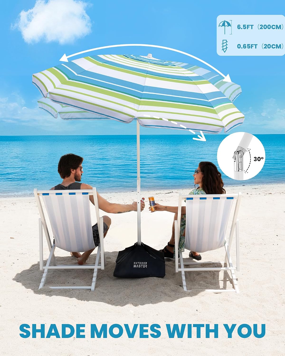OutdoorMaster 7.2ft Beach Umbrellas for Sand with Sandbag & Anchor | 7.2ft Adjustable Umbrella for Beach, Wind Resistant, Portable UPF50  Sunshade with Carry Bag for Patio