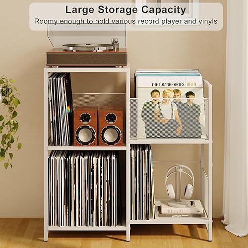Miniatura 4 de Soporte para tocadiscos, mesa de tocadiscos con almacenamiento de vinilo con capacidad para hasta 300 álbumes, armario de almacenamiento para discos