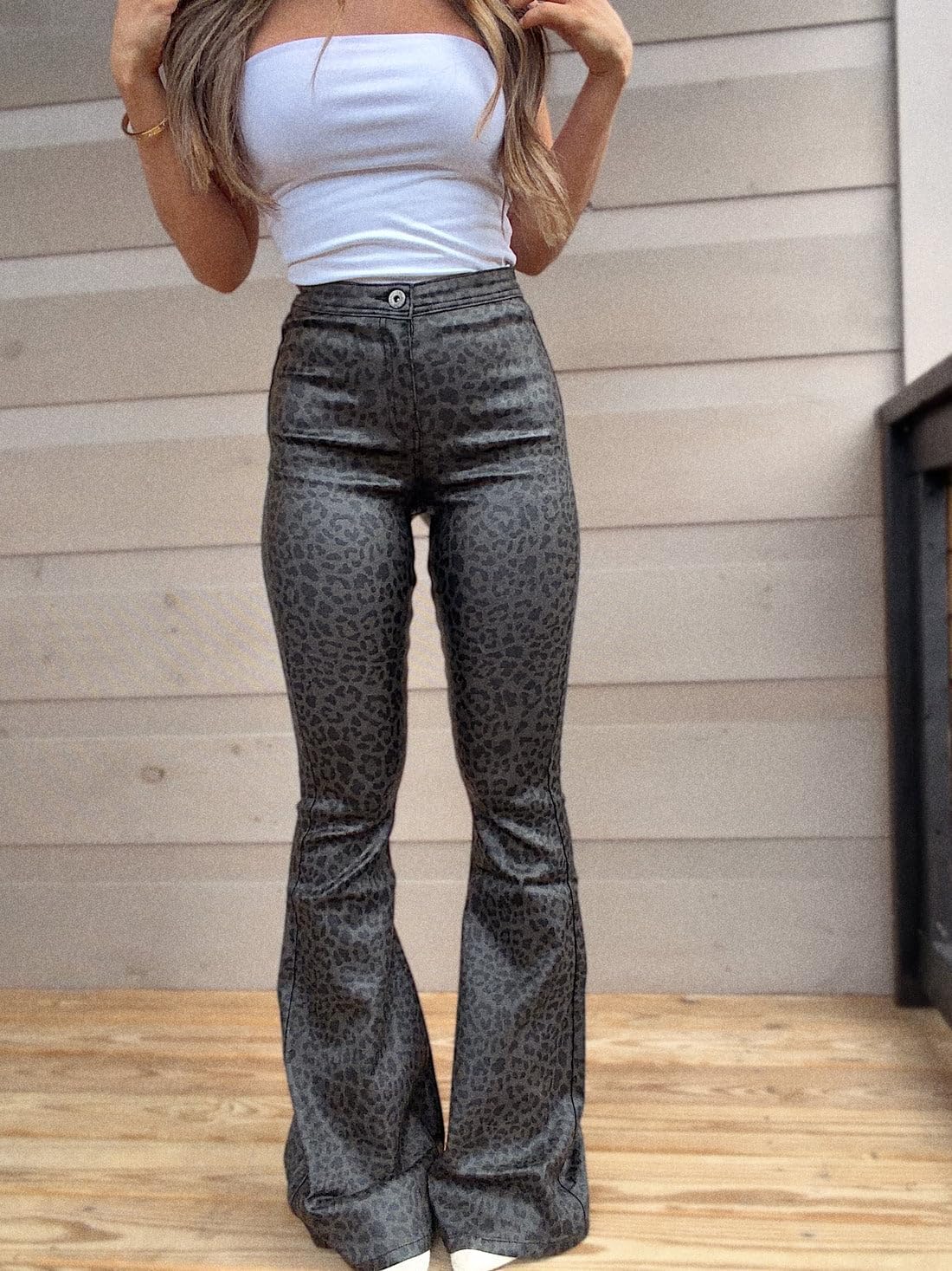 Willow Boutique Fiona Leather Leopard High Waisted Bell Bottom Flare Jeans - Black Midnight Leopard