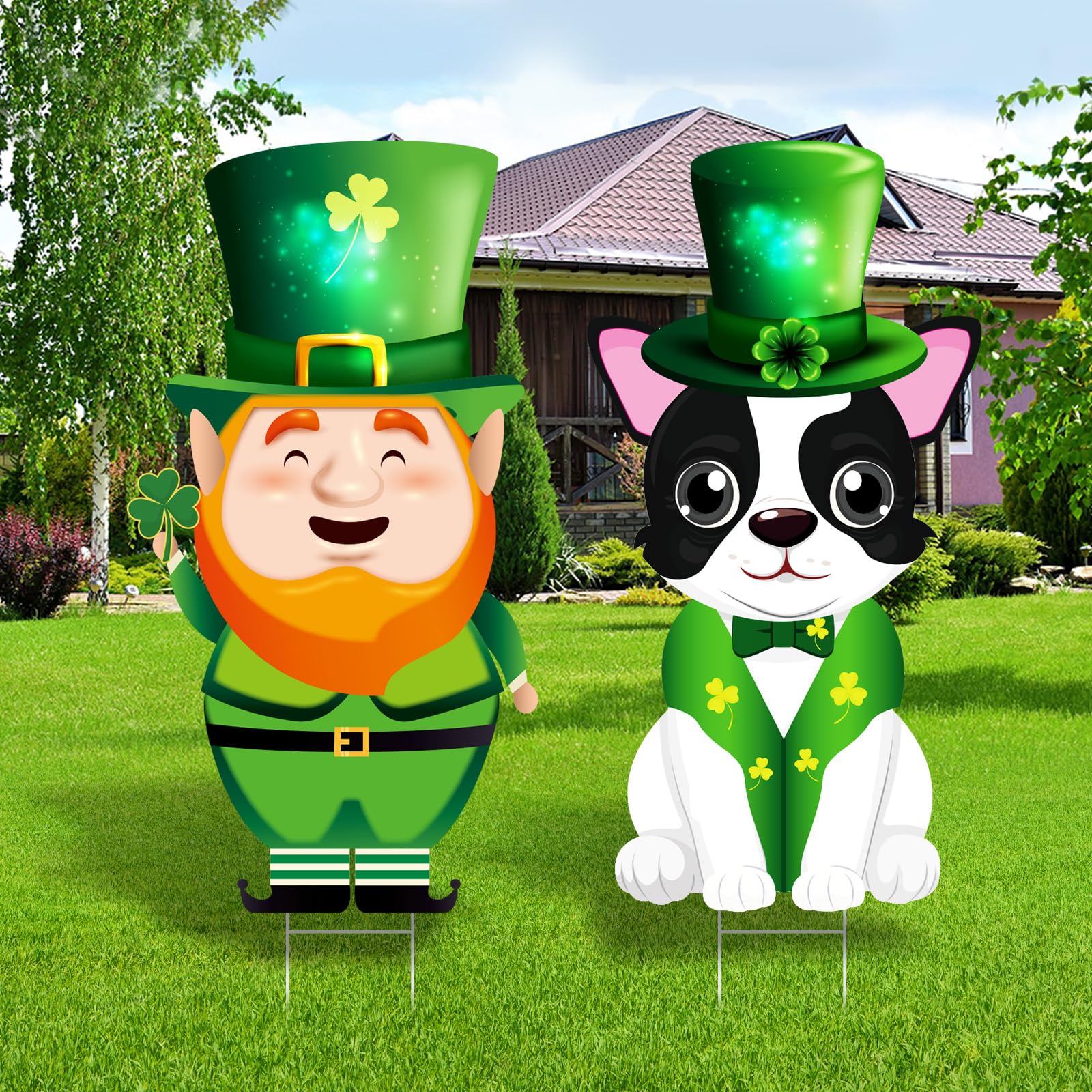 Photo 1 of 2Pcs St. Patrick's Day Yard Sign Irish Shamrock Hat Leprechaun Dog Outdoor Decorations 31 Inch St. Patrick's Day Lawn Sign with H Metal Stakes Garden Sign for St. Patrick's Day Party Supplies St. Patrick's Leprechaun Dog