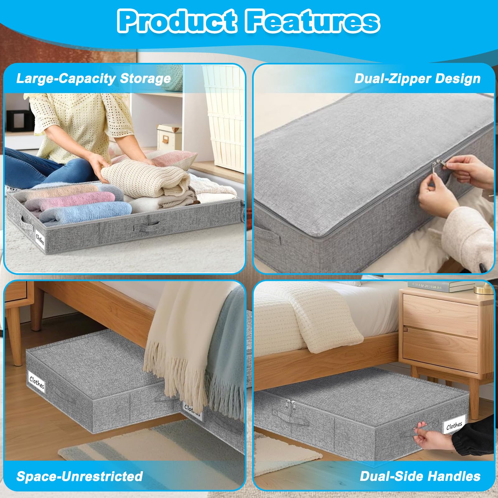 Pudełko do przechowywania pod łóżkiem, 2 szt. składane pudełko do przechowywania pod łóżkiem, 80 × 45 × 11 cm z 3 uchwytami i podwójnym zamkiem błyskawicznym, można przechowywać prześcieradła