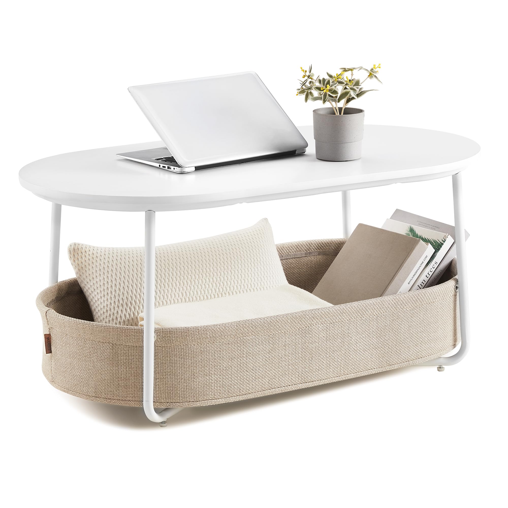 VASAGLE Couchtisch oval, Tisch mit Stauraum, Beistelltisch, Wohnzimmertisch mit Korb aus Stoff, modern, Metallrahmen, mattweiß-Kamelbraun LCT222W10