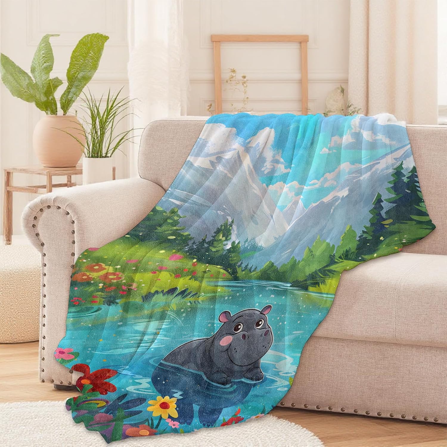 Cute Hippo Throw Blanket – Colorful River Valley and Flower Design, Cozy Warm Flannel Blankets, All Season Use, Women Boys Girls Gifts, 50x60in, Sofa Office Dorm Travel RV Farmhouse Decoration