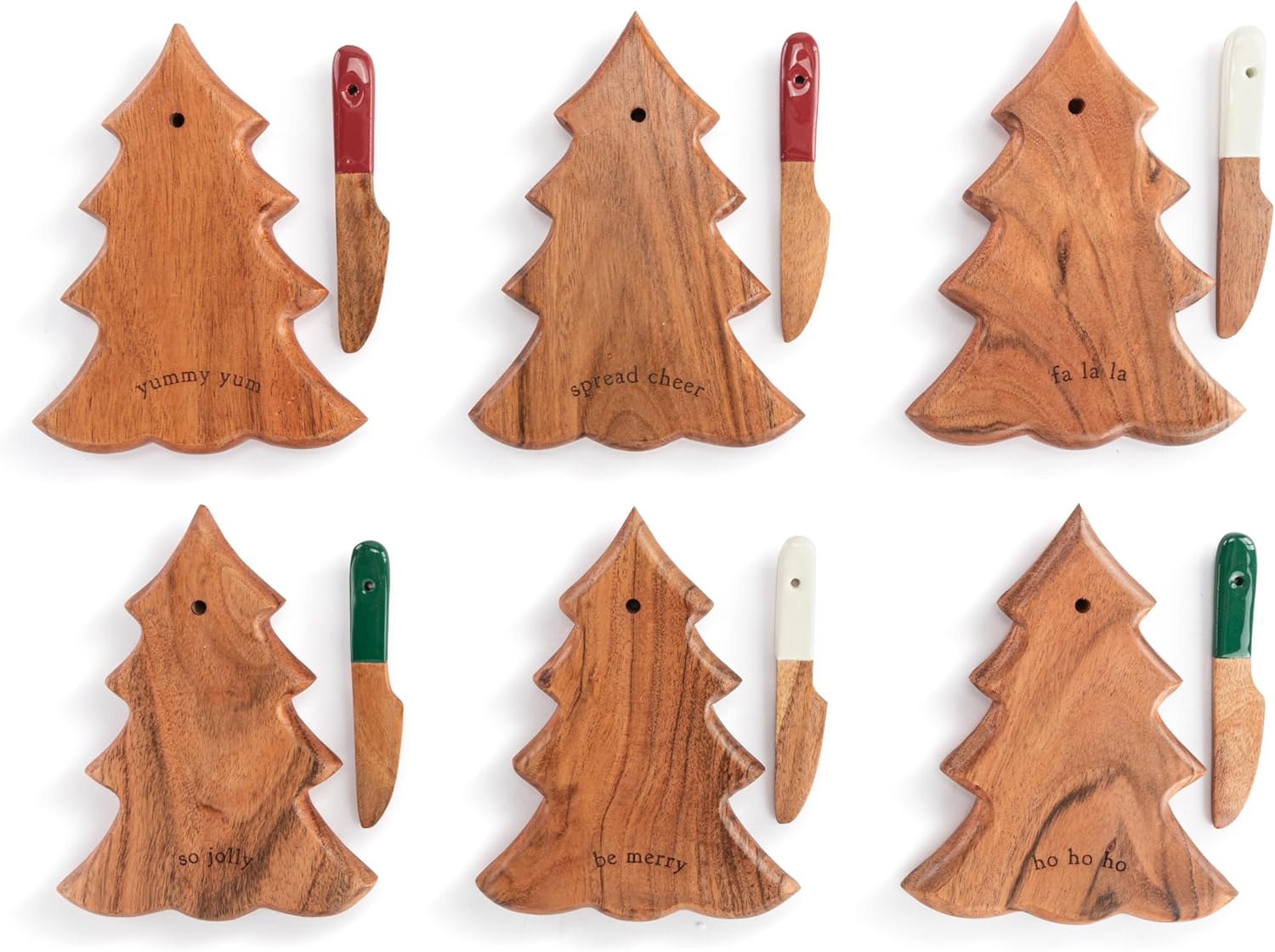 DEMDACO Holly Lodge 5 x 6.5 Inch Acacia Wood Mini Christmas Appetizer Trays with Spreaders Serving Board Set of 6 Natural Brown Christmas Tree