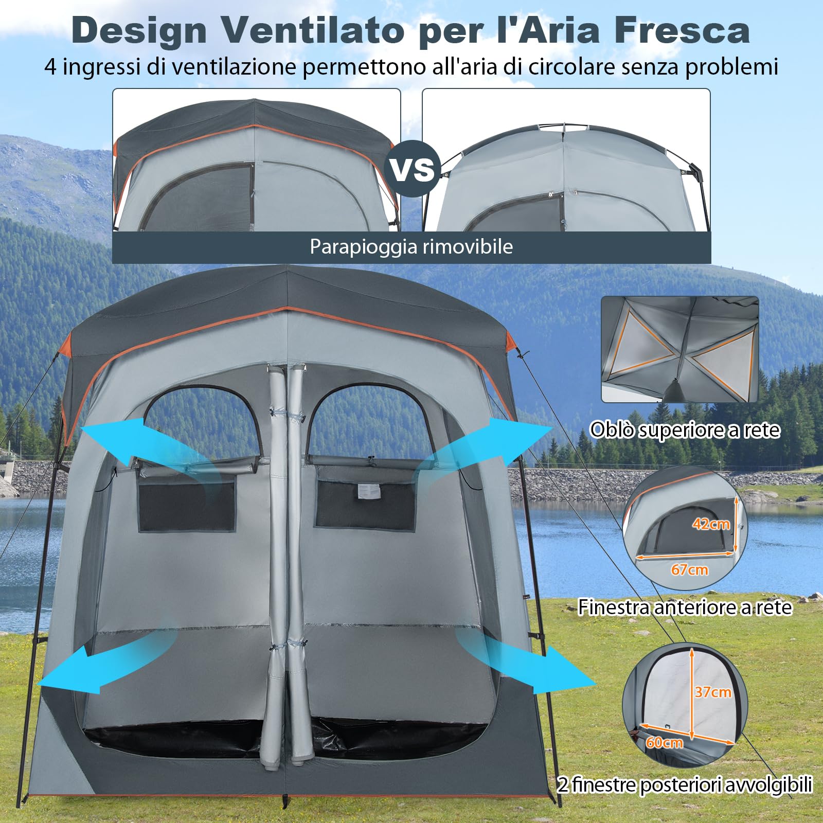 COSTWAY Tenda Spogliatoio da Esterno a 2 Stanze, Tenda da Doccia da Campeggio con Parapioggia Rimovibile, Stendibiancheria e Borsa, Tenda per WC Doccia per Campeggio, Spiaggia e Pesca