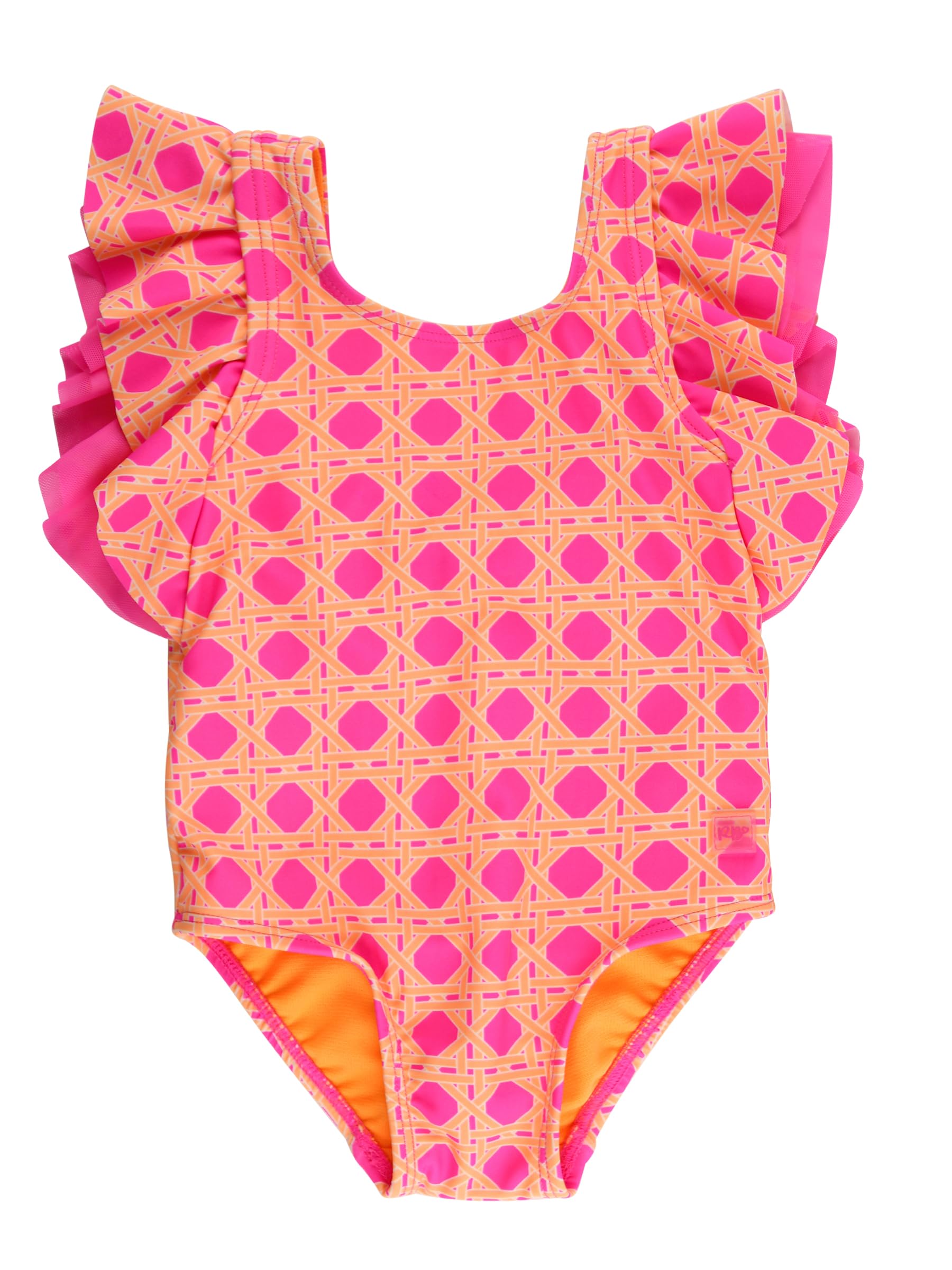 rufflebutts girls upf50+ sun protection sleeveless butterfly sleeve/waterfall one piece swimsuit - neon sherbet cane, 3t