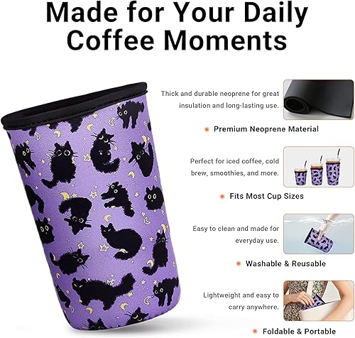 Miniatura 3 de Paquete de 3 fundas de neopreno reutilizables aisladas para café helado y soporte para taza de café, ajuste universal de 16 a 32 onzas para bebidas