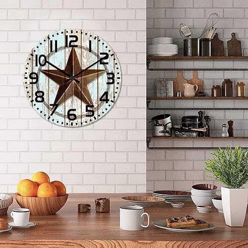 Miniatura 4 de Reloj de pared redondo de 10 pulgadas con estrella del oeste de Texas reloj de pared decorativo de madera de campo sin tictac funciona con pilas