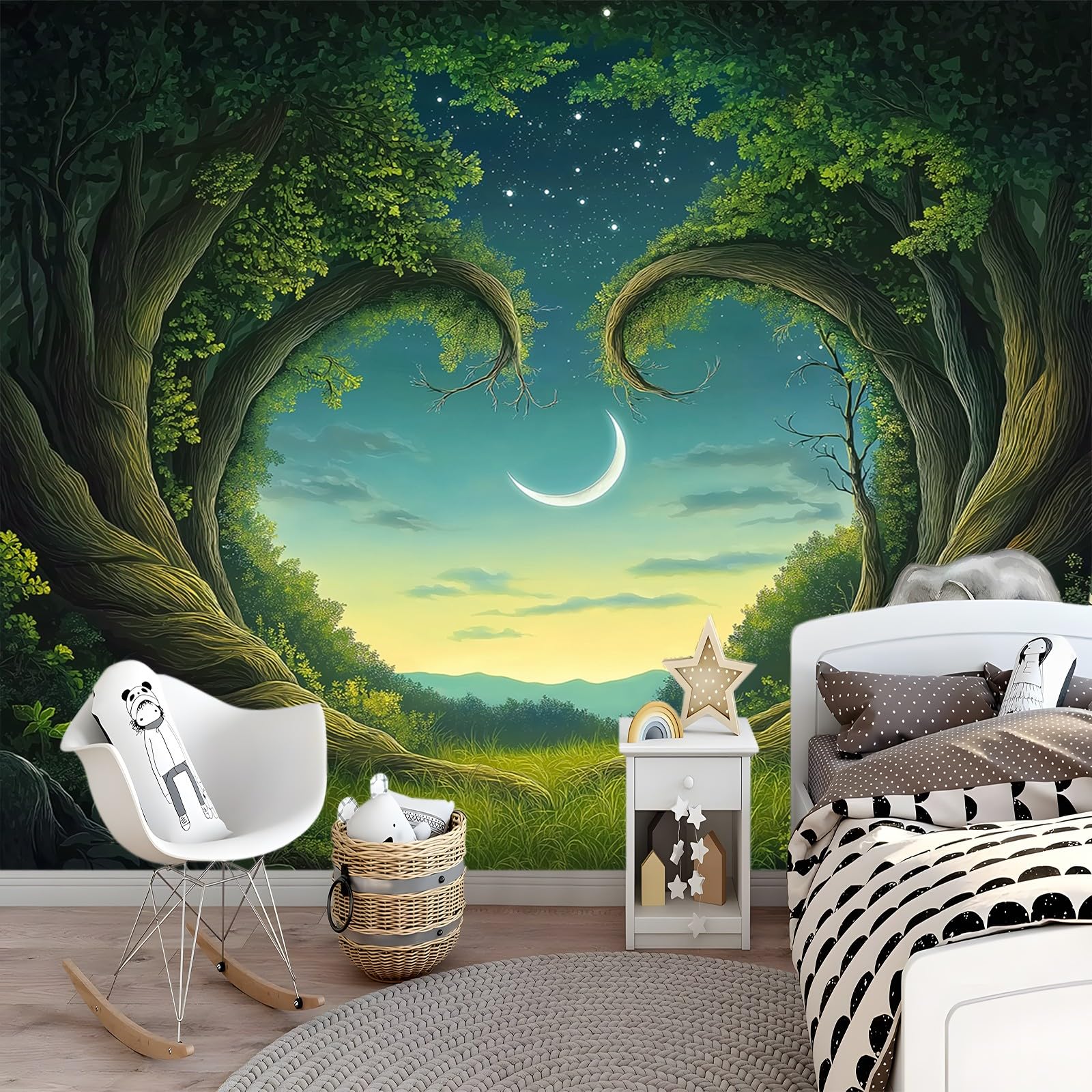 Panoramiczna tapeta las księżyc zielony niebieski 200 x 140 cm (szer. x wys.), tapeta 3D duże ściany plakat do salonu, pokoju dziecięcego dla dorosłych tapeta z włókniny do sypialni