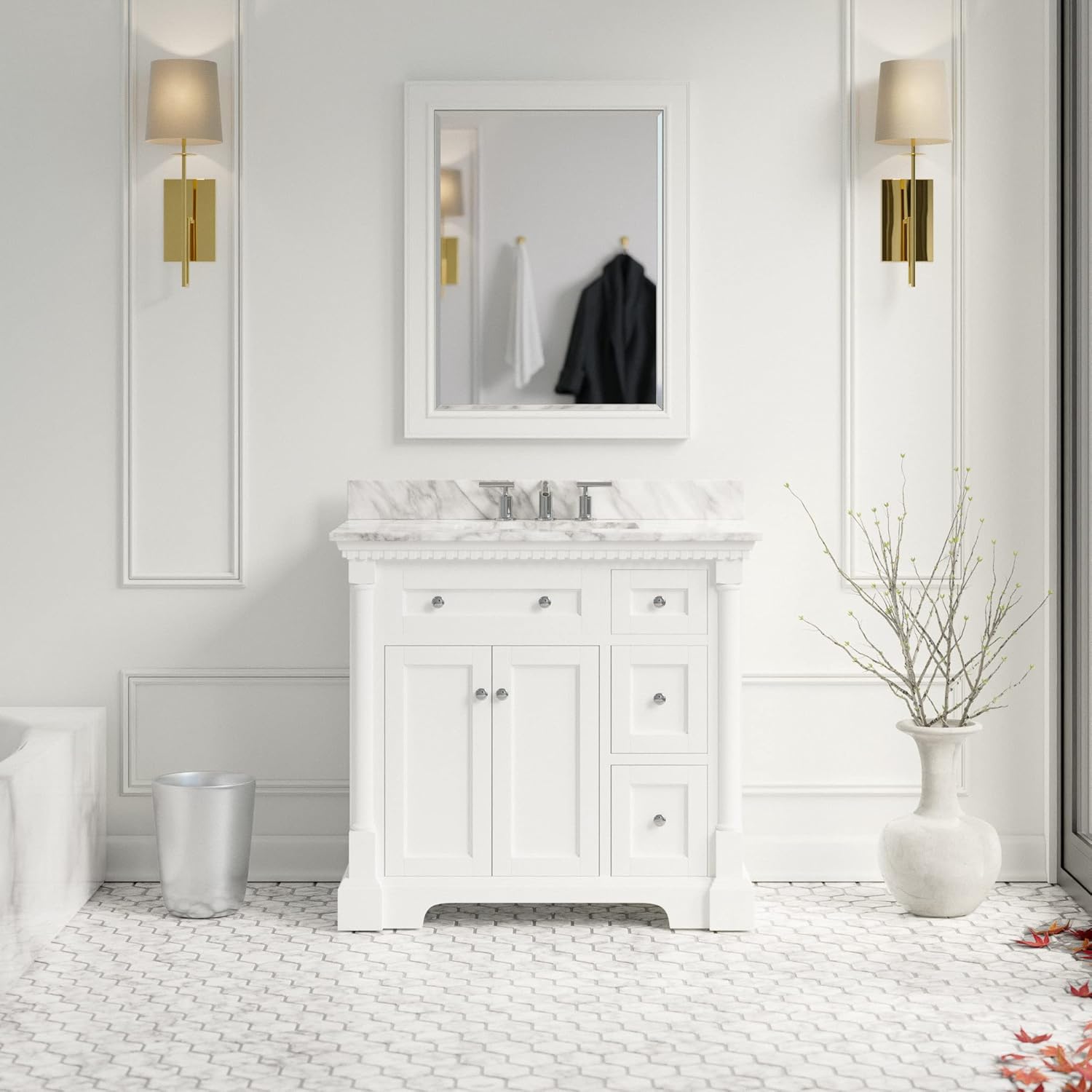 Sydney 36-inch Bathroom Vanity (Carrara/Sage Green): Includes Sage Green Cabinet with Authentic Italian Carrara Marble Countertop and White Ceramic Sink