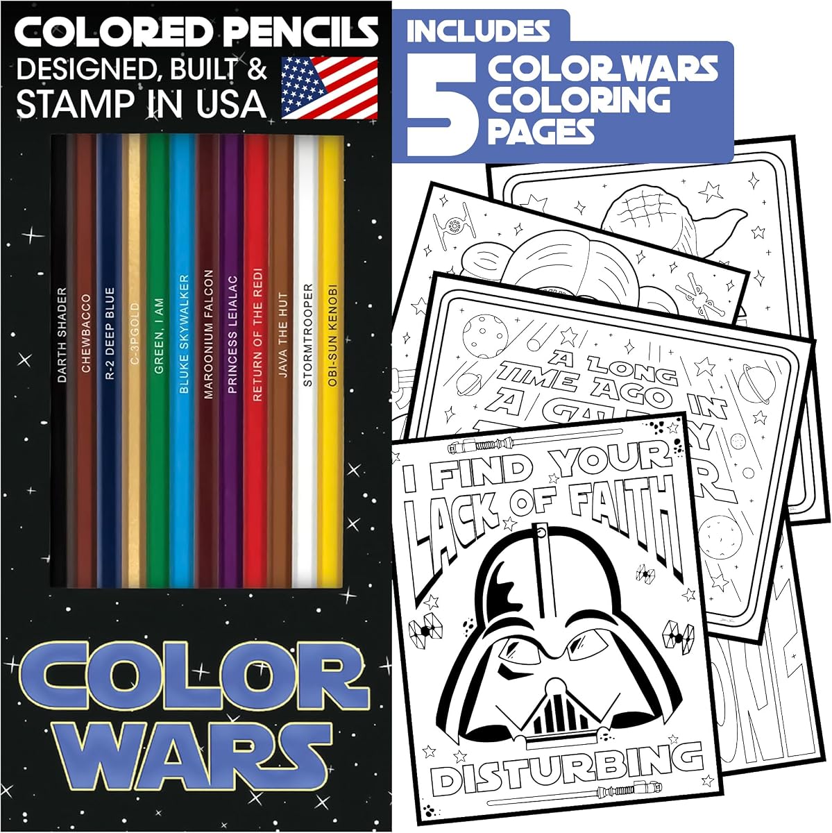 PunLabs Color Wars Parody Colored Pencil Set for Fans - 12 Star Wars-Inspired Parody Pencils with Clever Foil-Stamped Names - 5 Color Wars-Themed Coloring Pages | Foil-Stamped Colored Pencils with Smooth Cores and 8.5" x 11" Heavy Cardstock Coloring Pages, Easy to Frame, Display, or Gift