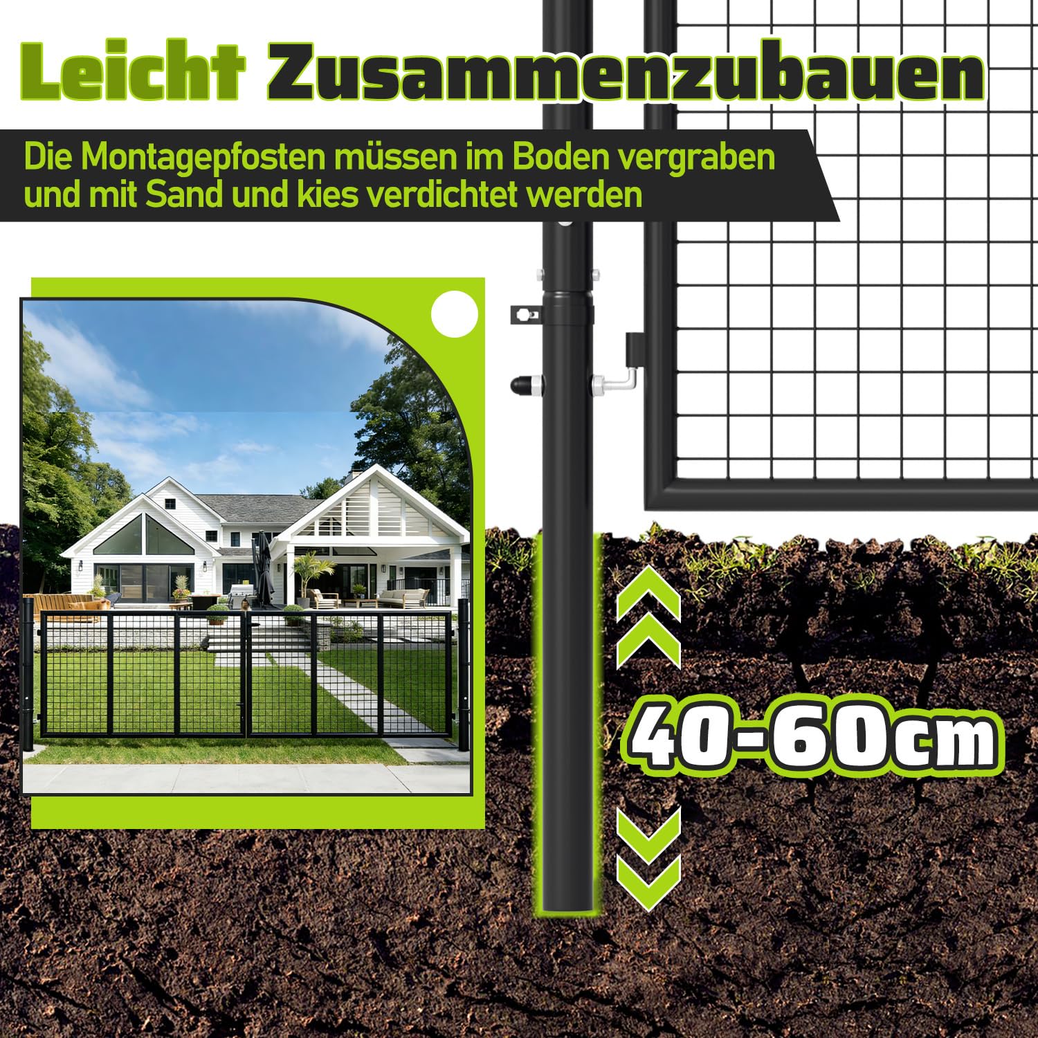 Gartentor, 350x100cm Gartentür aus verzinkter Stahl, Gartenzaun Zauntür mit Schloss, Griff und 3 Schlüsseln, Doppeltor, für Garten Tor Gartenpforte Hoftor, Anthrazit