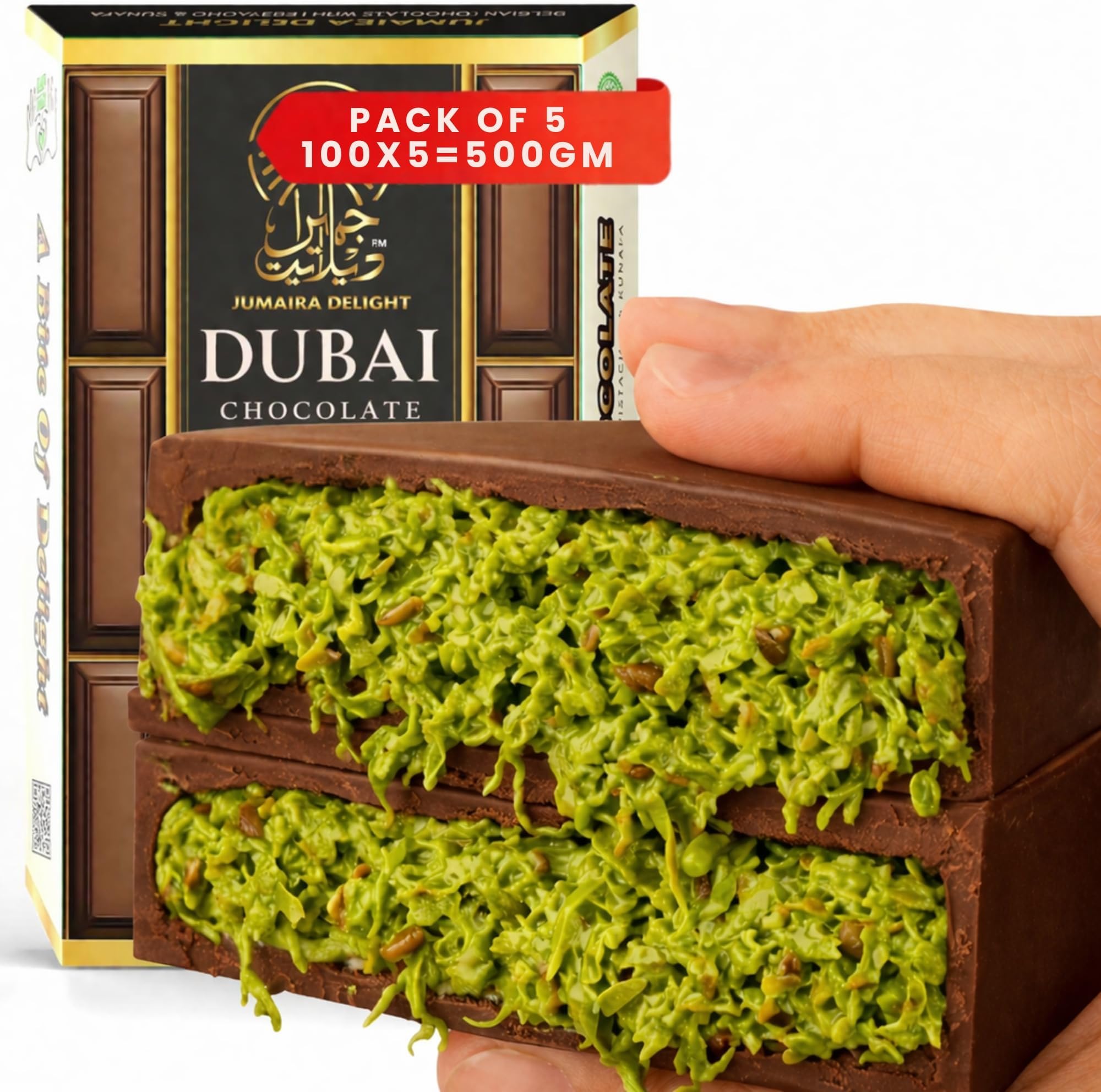 Dubai Chocolate Bar (Pack of 5) 500g Kunafa Bars with Pistachio Cream Filling – Luxurious Fix Dubai Chocolate – Best Gifts for Kids, Family & Friend (Pack of 5-100g/Pcs)