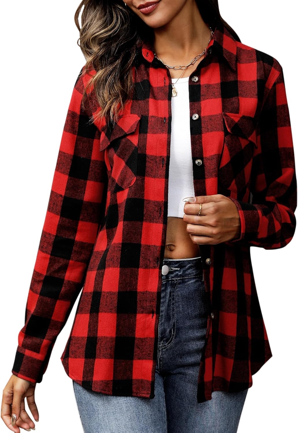 siliteelon Flannel Shirt Women Plaid Shirts Button Down Long Sleeve Oversized Cotton Fitted Boyfriend Casual Blouse Tops - Image 2