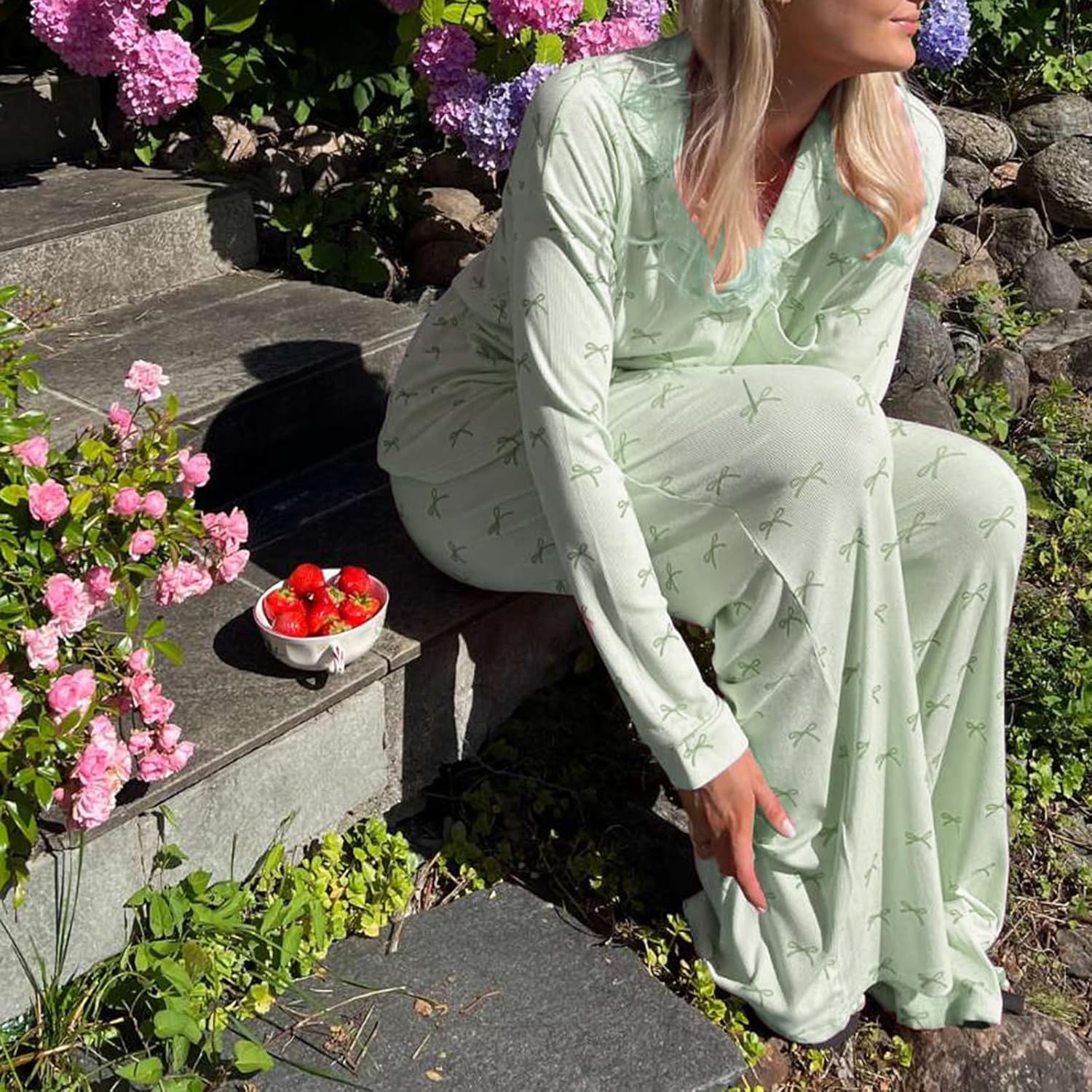 Women Bow Pajamas Long Sleeve Button Down Shirt Top Loose Pants Holiday Sleepwear Cute 2 Piece Sets - Image 6