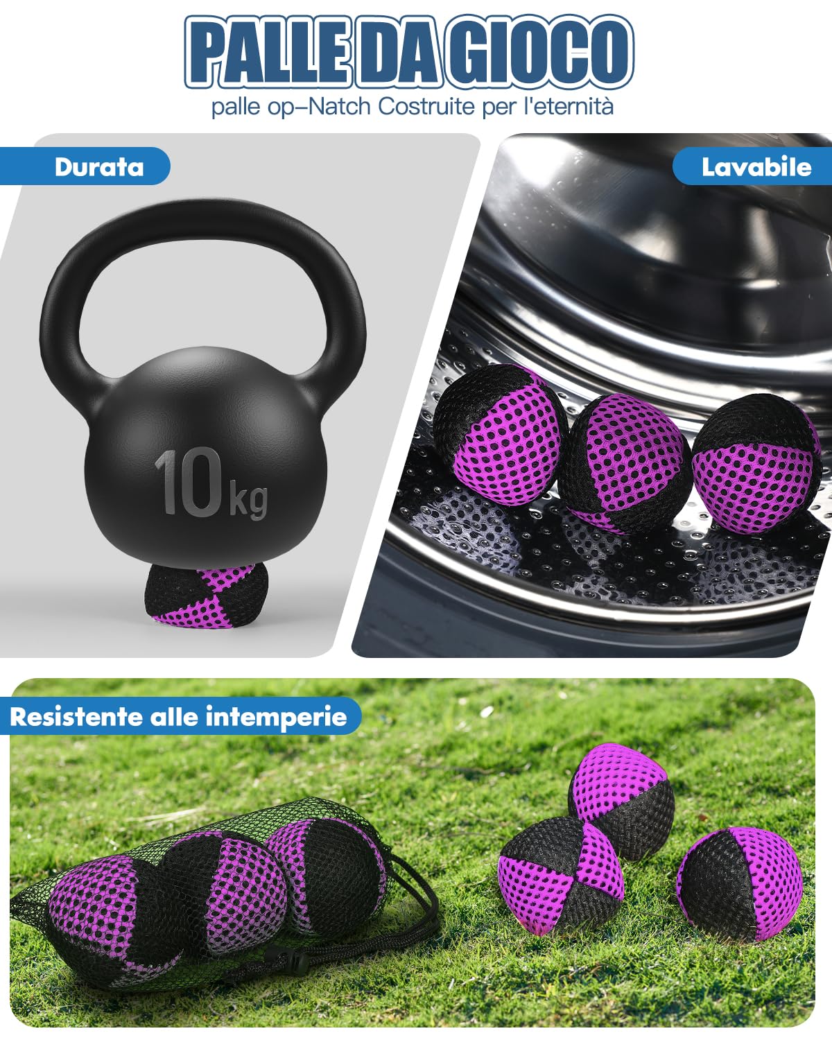 Palline da giocoliere per principianti e professionisti, 2 strati di rete e borsa per il trasporto, set da 3 palline da giocoleria da 62 mm, per bambini, viola/nero
