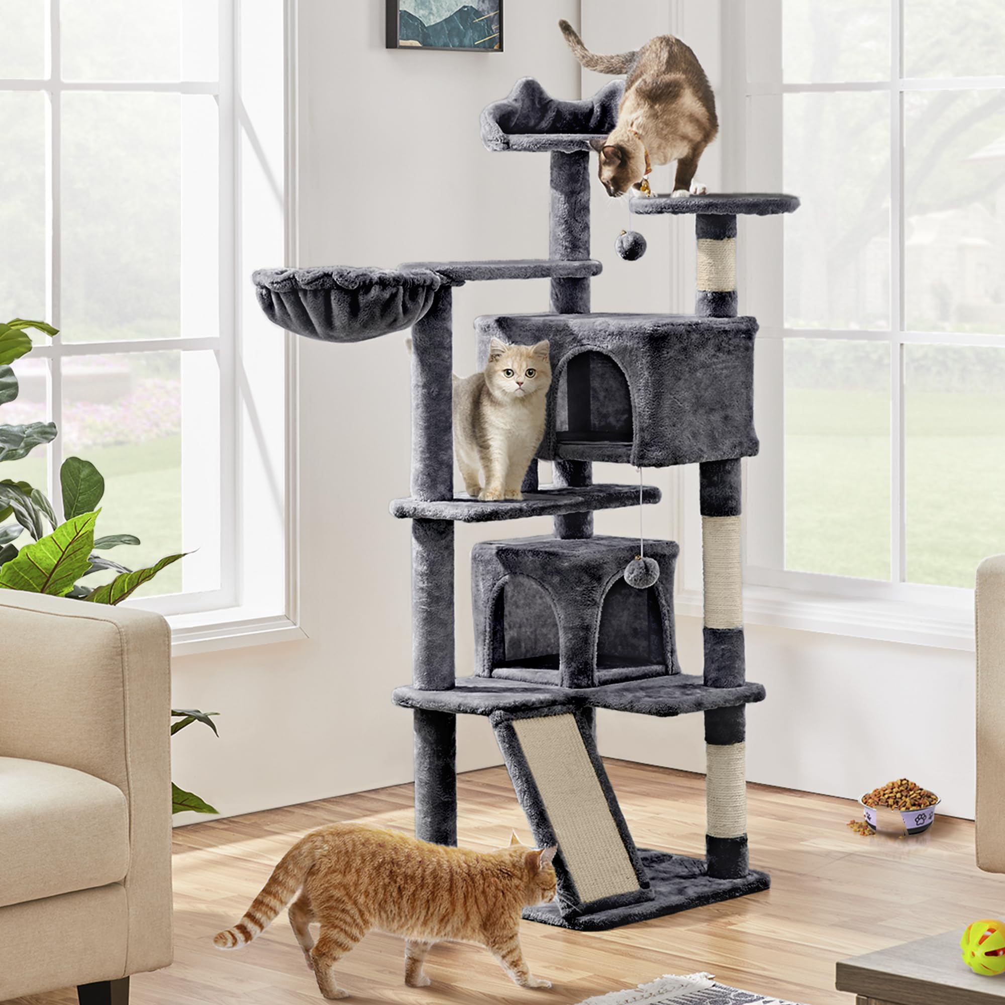 Yaheetech Kattenboom stabiele klimboom met 2 huisjes en hangmat pluche krabpaal