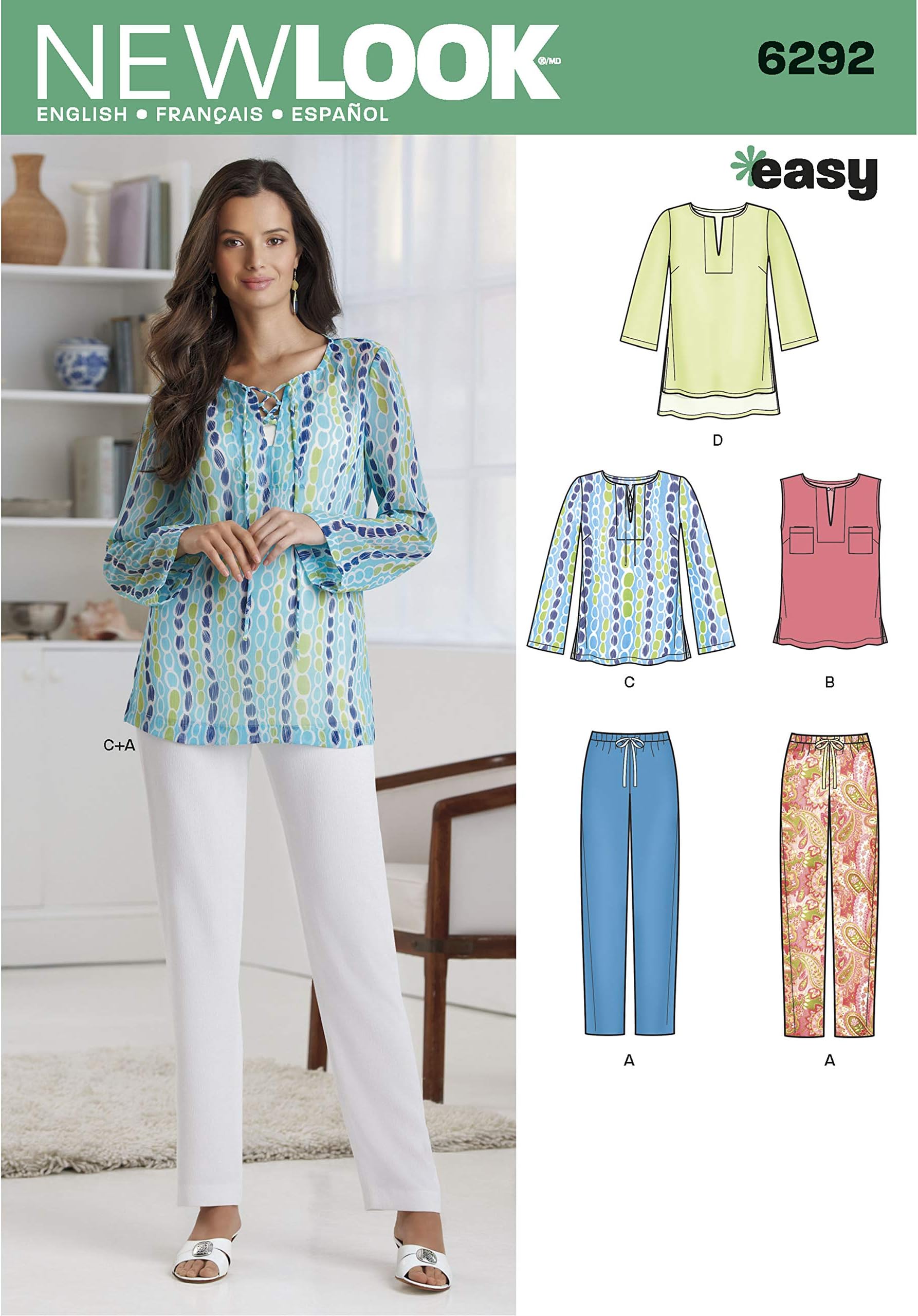 New Look 6292 Size A Misses' Tunic or Top and Pull-On Pants Sewing Pattern, Multi-Colour