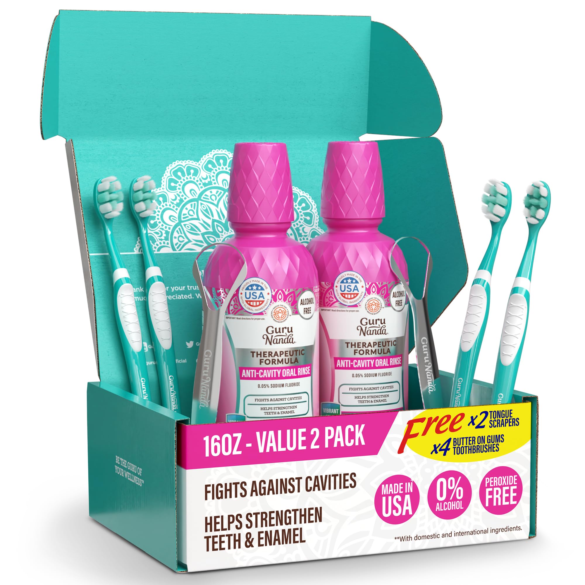 GuruNanda Anticavity Fluoride Mouthwash – Helps Prevent Cavities & Strengthen Teeth and Enamel – 0.05% Sodium Fluoride Therapeutic Oral Rinse – Alcohol-Free, Vibrant Mint - 16 oz, Pack of 2