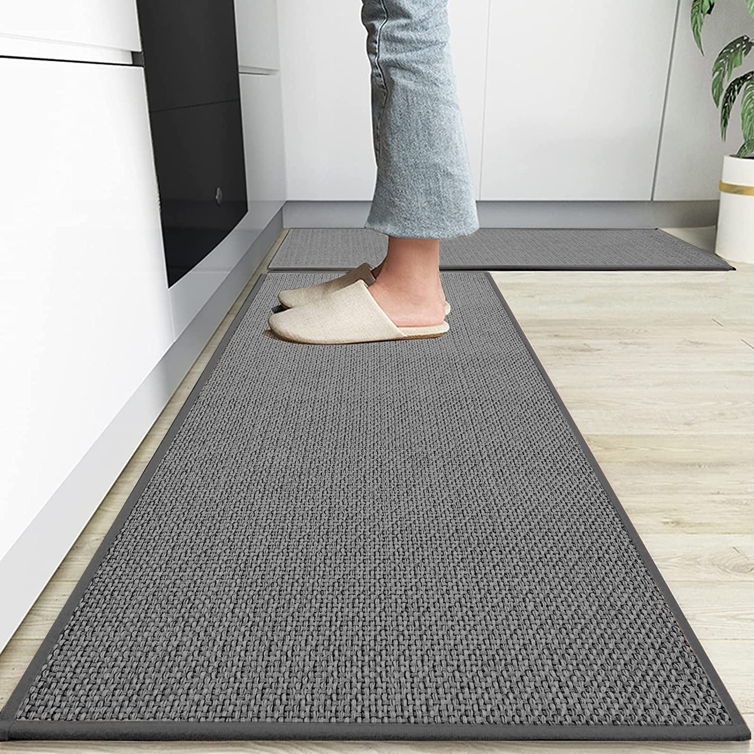 SKADE Kitchen Rug Mats Washable Kitchen Floor Mat Non-Skid Natural Rubber Kitchen Mats for Floor Runner Rugs Set for Floor Front of Sink, Hallway, Laundry Room (44x120cm + 44x75cm, Dark Grey)