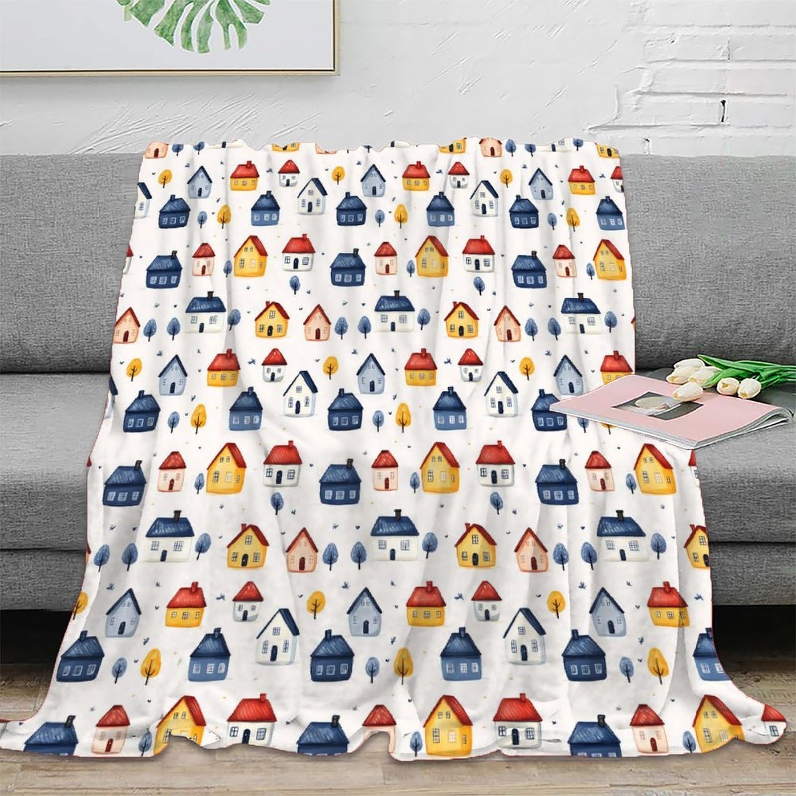 Plaid de voyage microfibre 150x200 cm au motif de maisons aquarelle 3D