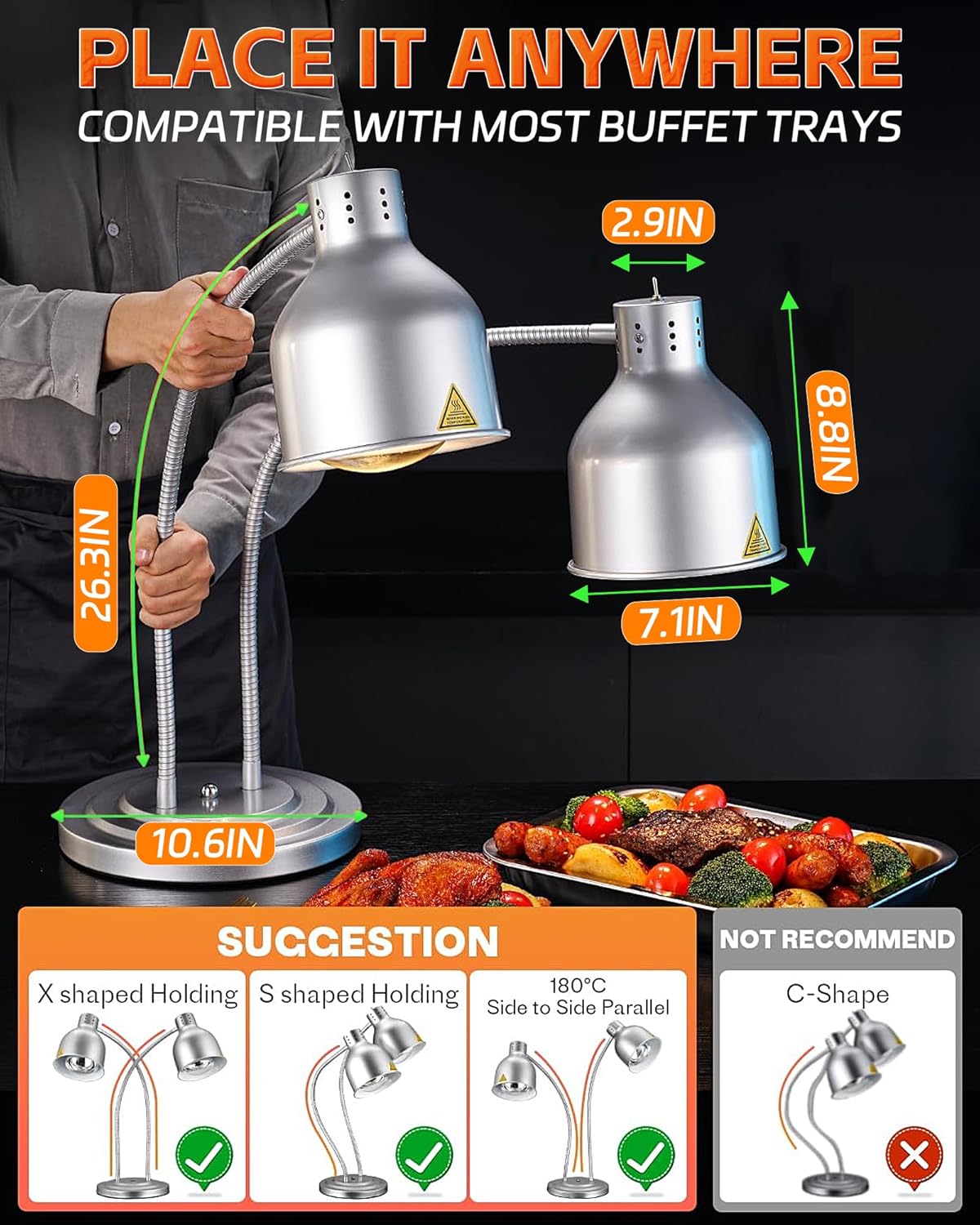 Original Food Heat Lamp, 500W Commercial Food Warmer Light with 3 Bulbs, Adjustable and Flexible Buffet Heating Lamp for Catering, Restaurant, Party (Includes Plates & Tong)