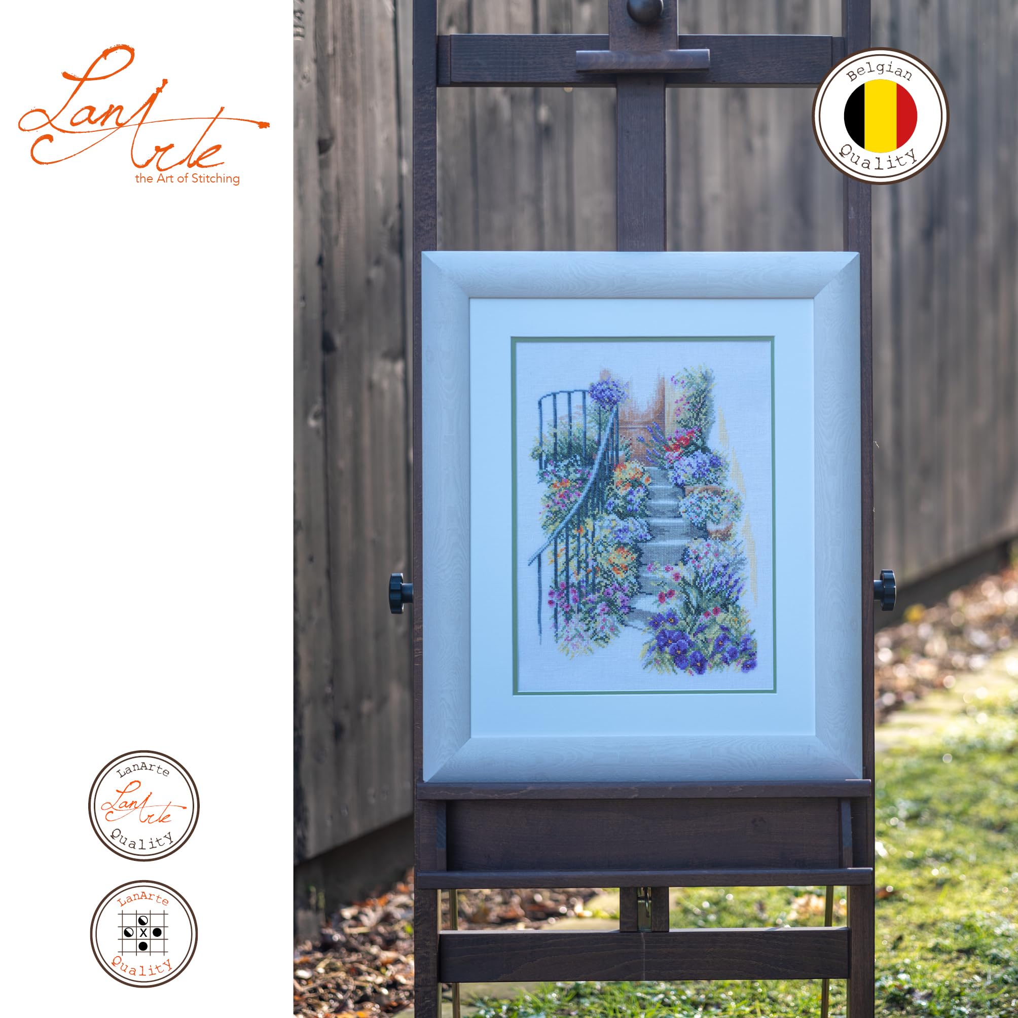 LANARTE Kits De Punto De Cruz Contado Completo Arte De Pared DIY Escalera con Flores Set Manualidades Adultos Set Decoracion Salon Creativo Regalo ca. 27 x 37 cm Cross Stitch Embroidery