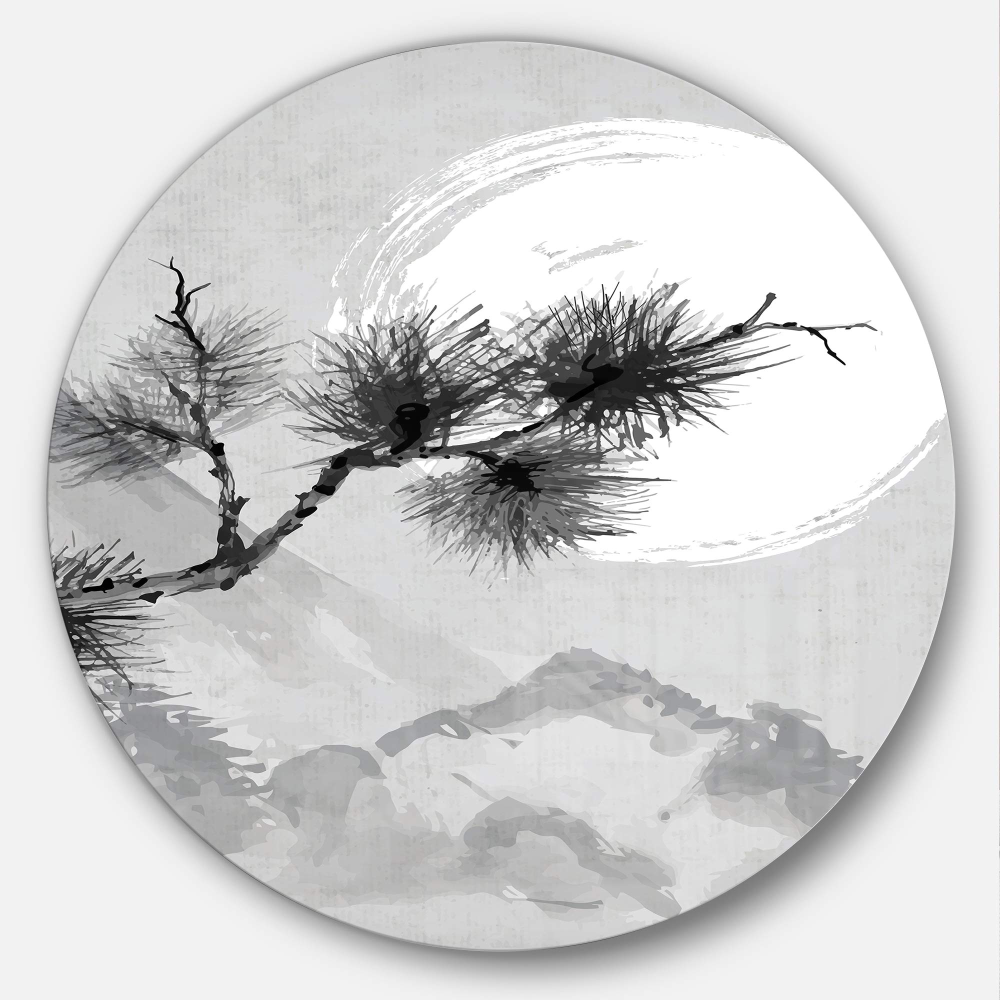 Design Art Designart Pine Tree Branch Japanese Round Wall Art, 23 x 23, Gray