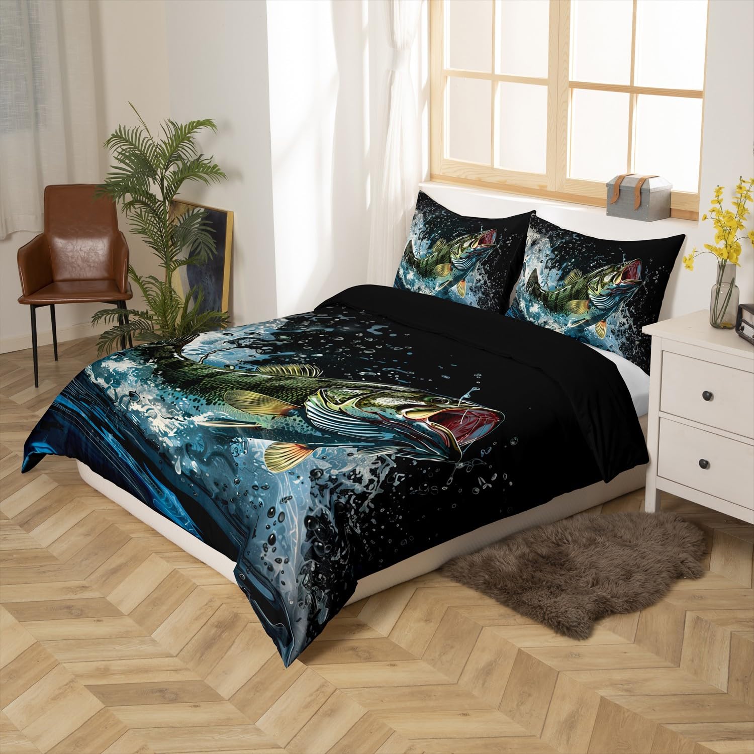 Feelyou Big Pike Fish Duvet Cover Set Bass Big Fish Pattern Hunting and Fishing Themed Bedding Set for Kids Boys Girls Black Underwater Animal Comforter Cover for Independence Day Queen(No Comforter)