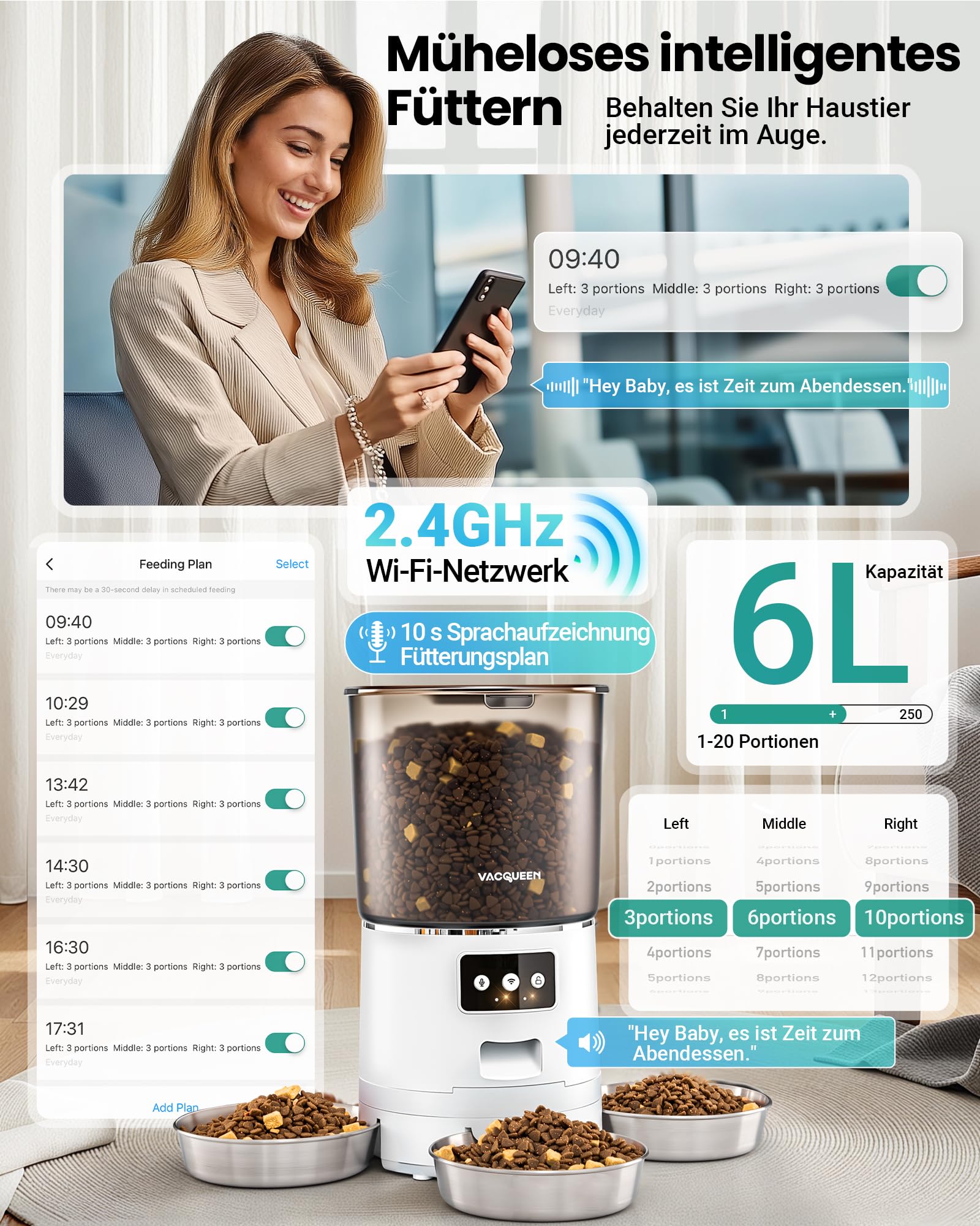 Comedero automático para gatos con aplicación, 6 L/25 tazas de comida para gatos, 3 cuencos, 3 paquetes de desecante, sistema antiobstrucción, grabación de voz 10S, 2,4 G WiFi, comida seca automática