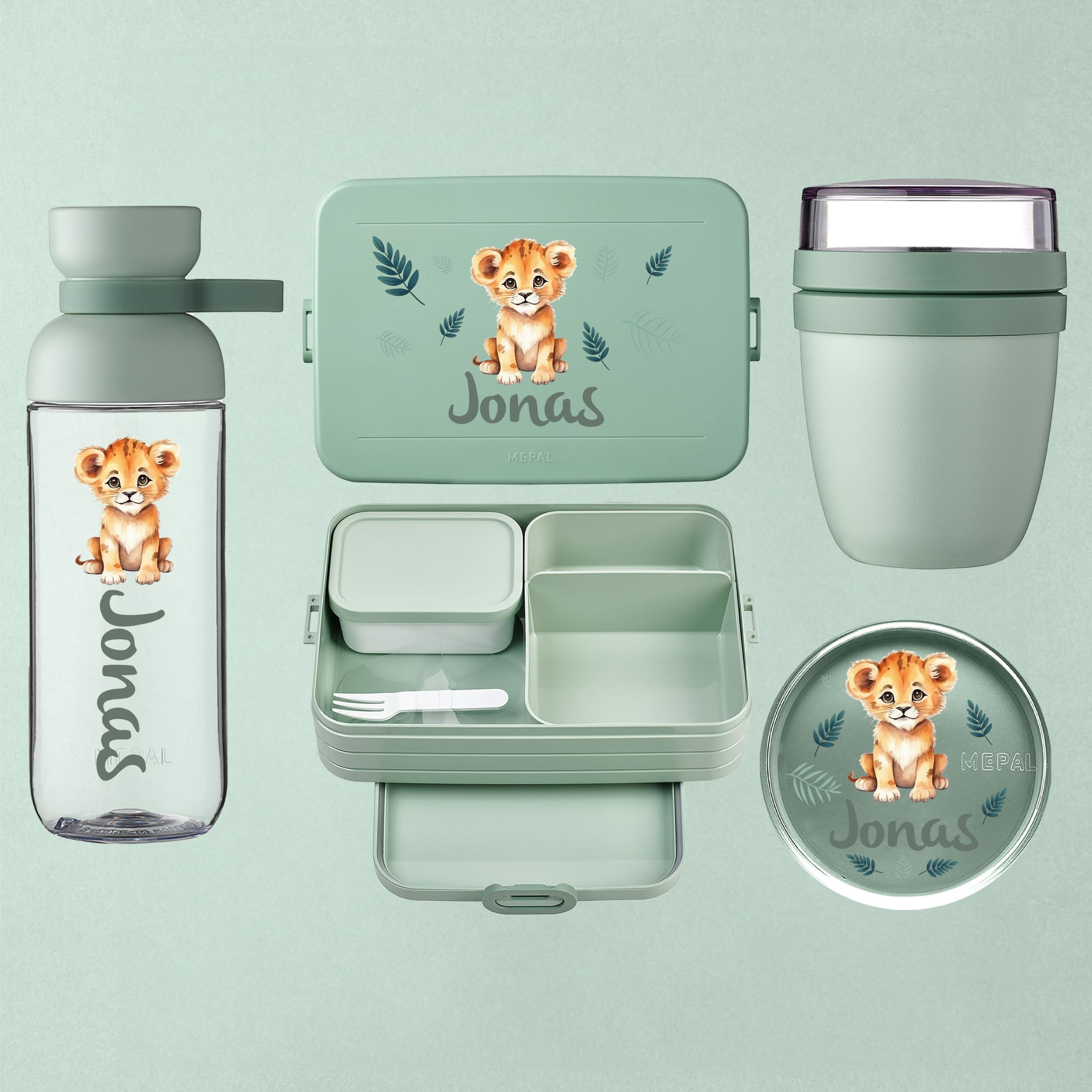 Mepal Personalisierte Brotdose Trinkflasche | Boho Löwe mit Wunschname