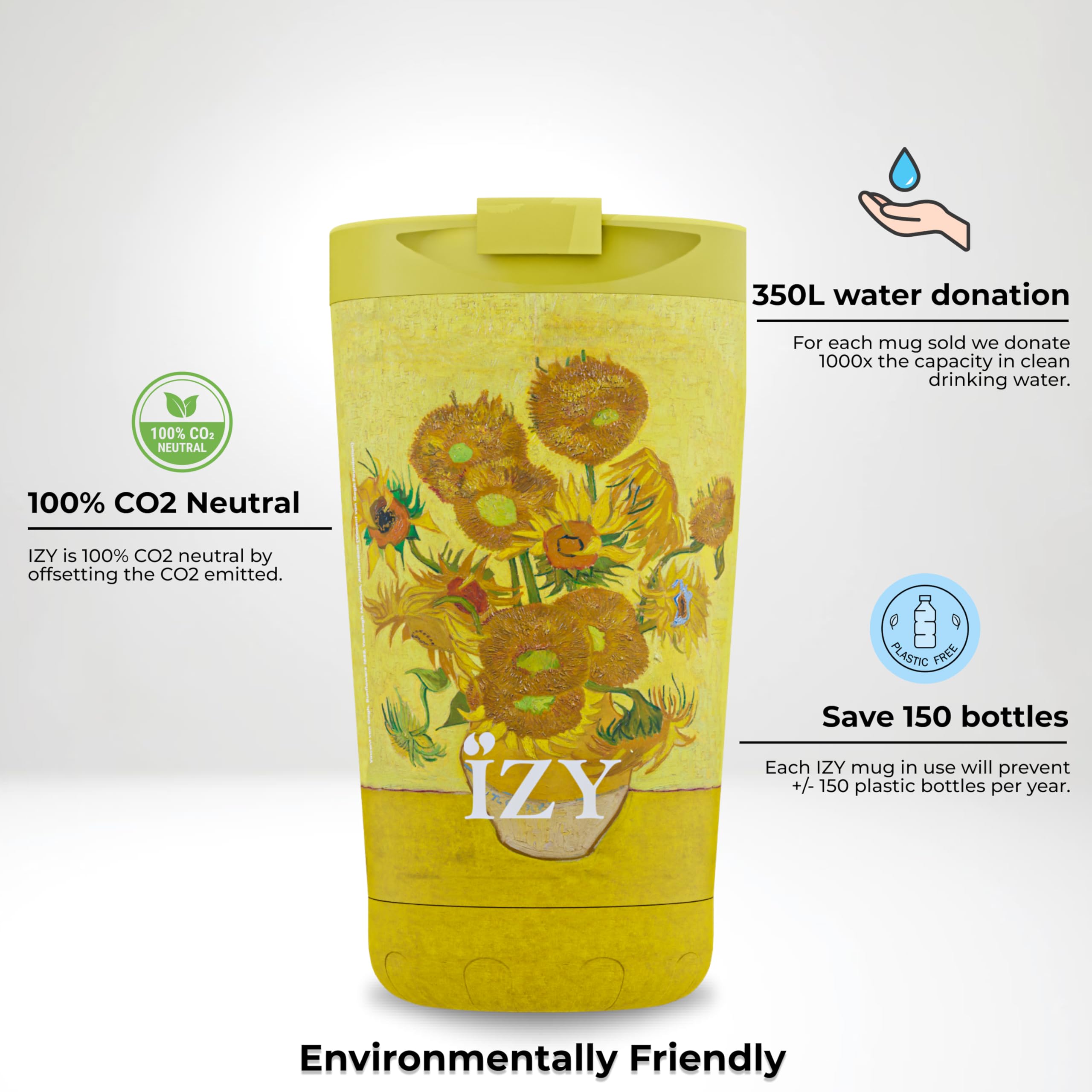 IZY taza termo - Taza de café 350ml - Taza de café para llevar - Termo - Sin BPA - Taza de viaje de acero inoxidable - A prueba de fugas (Girasoles)