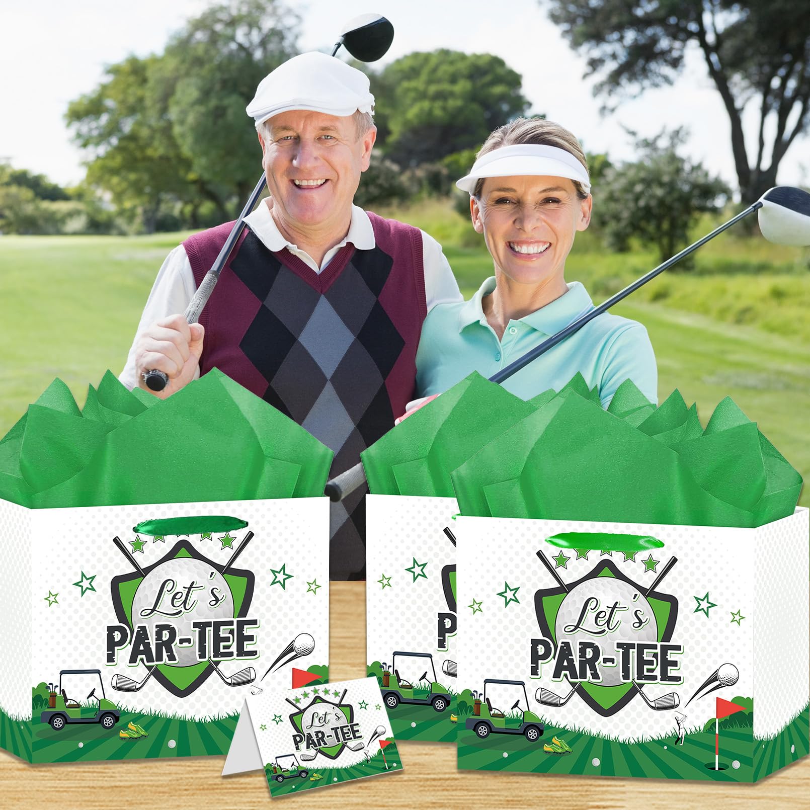 LOYUJI Large Golf Birthday Gift Bag, Green Golf Themed Gift Bag with Tissue Paper and Card, Sports Party Decorations for Men, Boys, Baby Showers, Birthday Party Favor Supplies