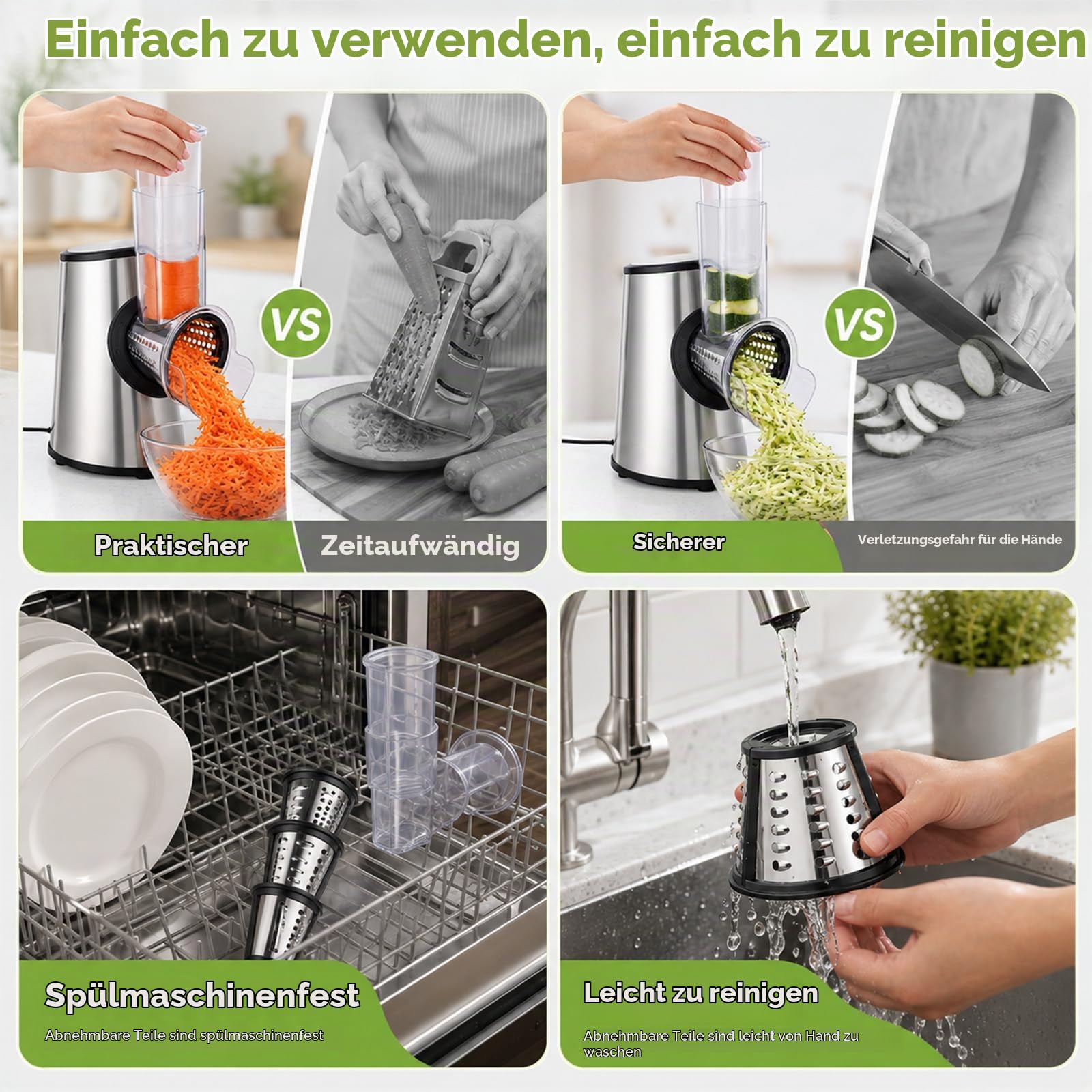 5-in-1 Gemüseschneider Elektrisch 800W, Gemüseschneider mit 5 Edelstahl-Trommeln, 304 Schnitzelwerk Küchenreibe, Profi Elektrischer Gemüsehobel, Spülmaschinenfest, für Käse, Kartoffeln, Silbergrau