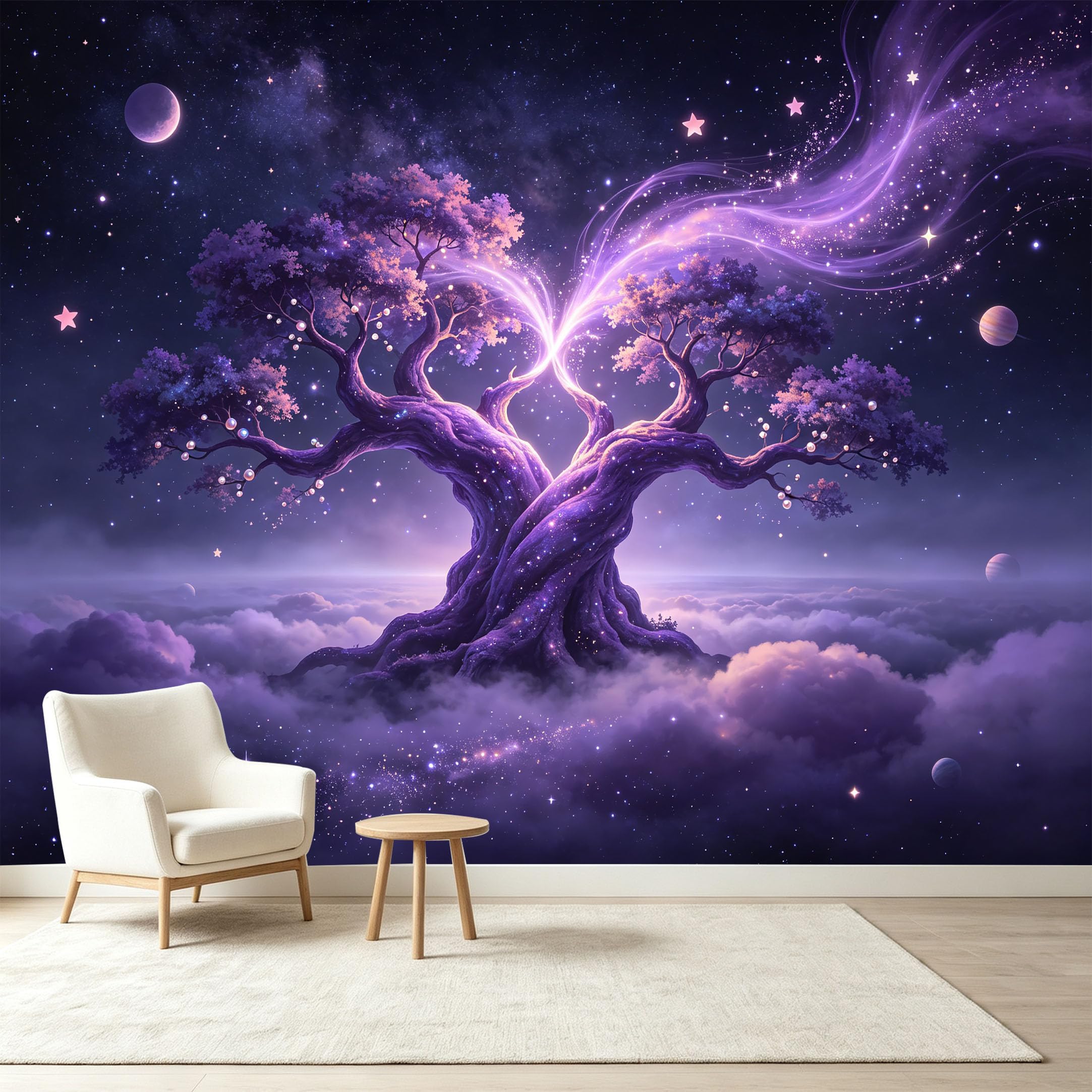 Custom Size Wall Murals Cosmic Ancient Tree Nebula Energy Giant Tree Self-Adhesive Wall Fabric Removable Wallpaper Wall Decor for Living Room Bedroom Bathroom