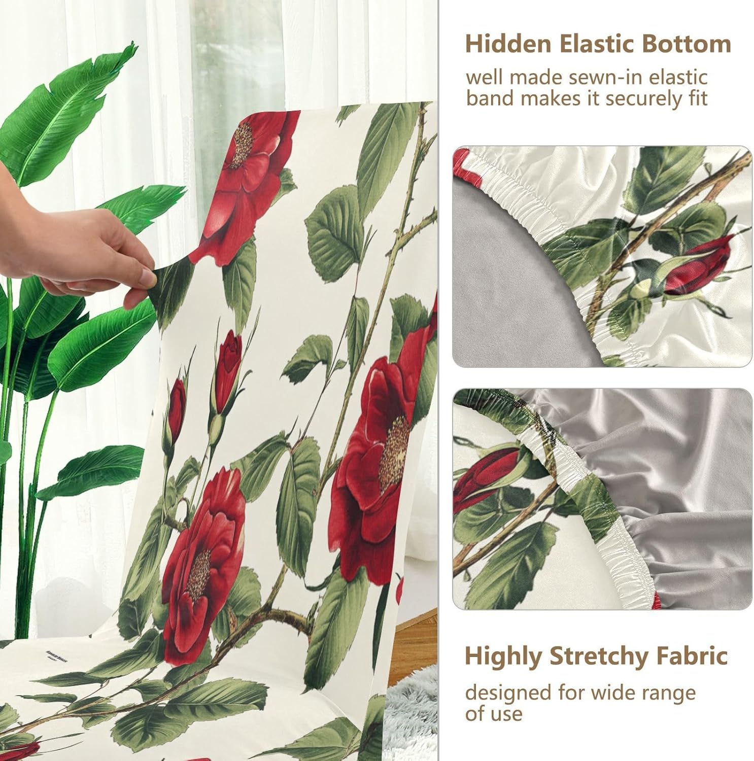 ALAZA Chair Covers for Dining Room, Botanical Flower Red Rose Stretch Chair Cover Sets Chair Protector Removable Washable for Ktichen Restaurant Hotel