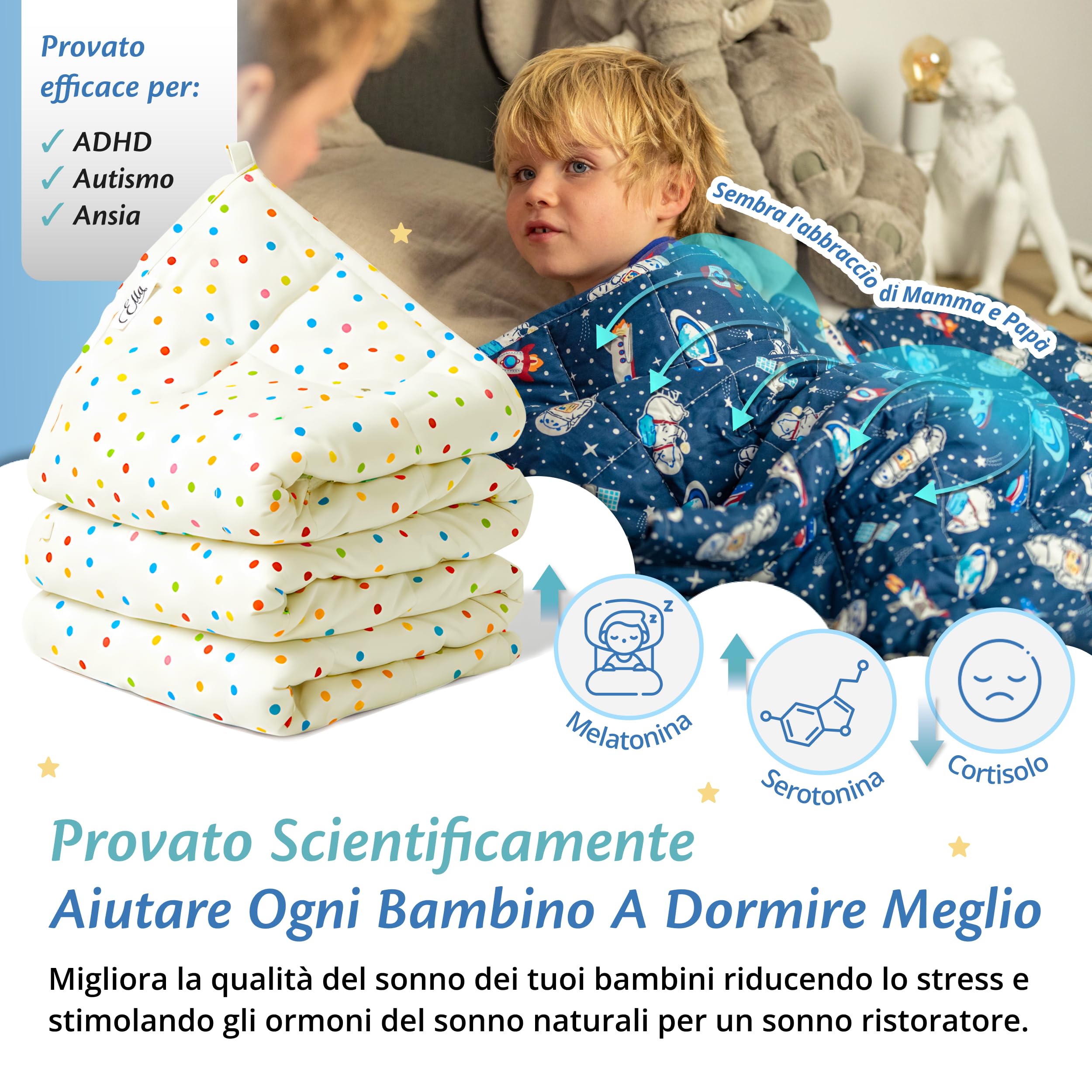 Ella Coperte Ponderate Bambini 2,4kg 90x120cm - Coperta Ponderata Rilassante per il Sonno - Perle di Vetro Ipoallergeniche, Strato Esterno in Cotone Morbido e Fresco - Per Bambini 15-25kg - A pois