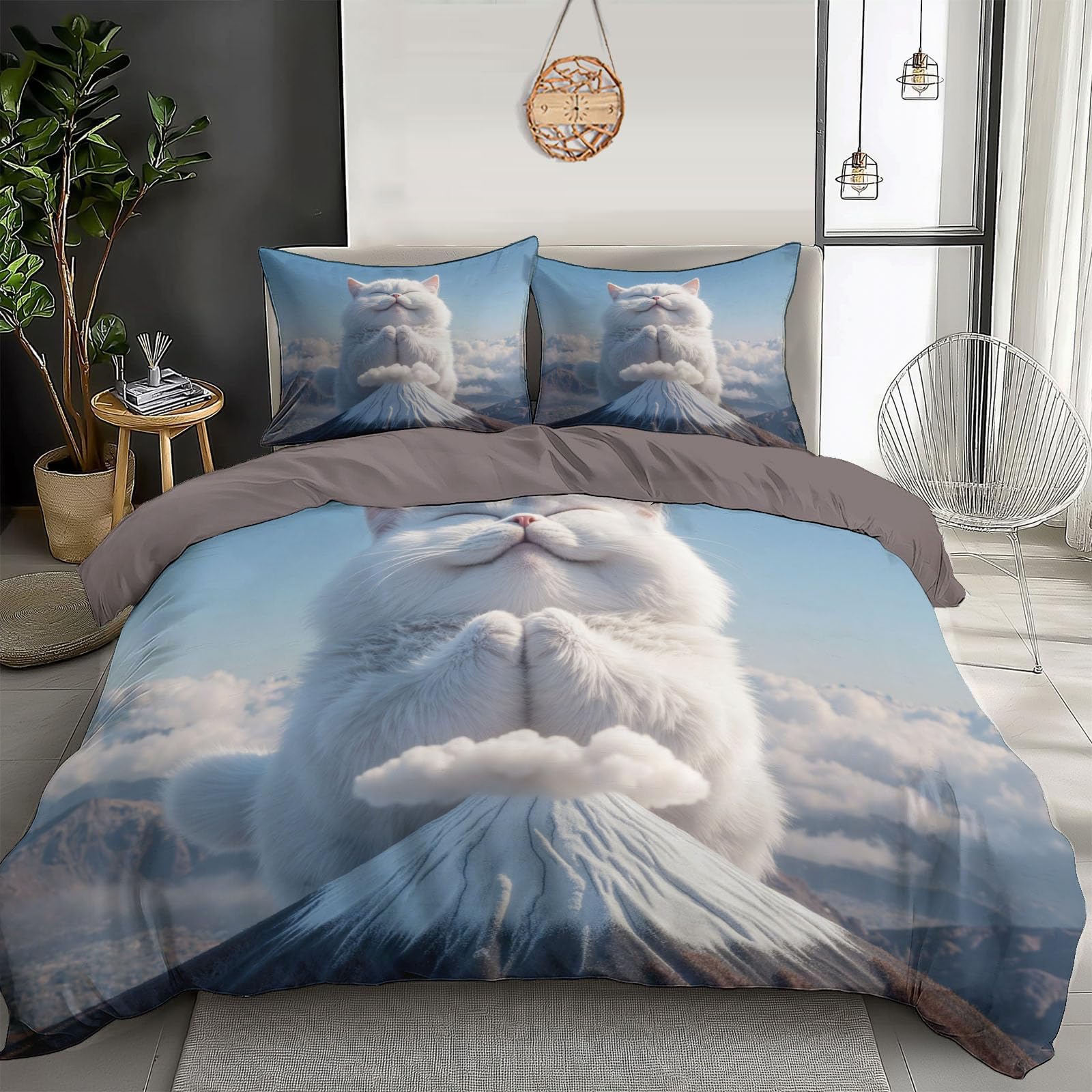 Housse de couette 240x260cm chat blanc Mont Fuji parure de lit 3 pièces enfant