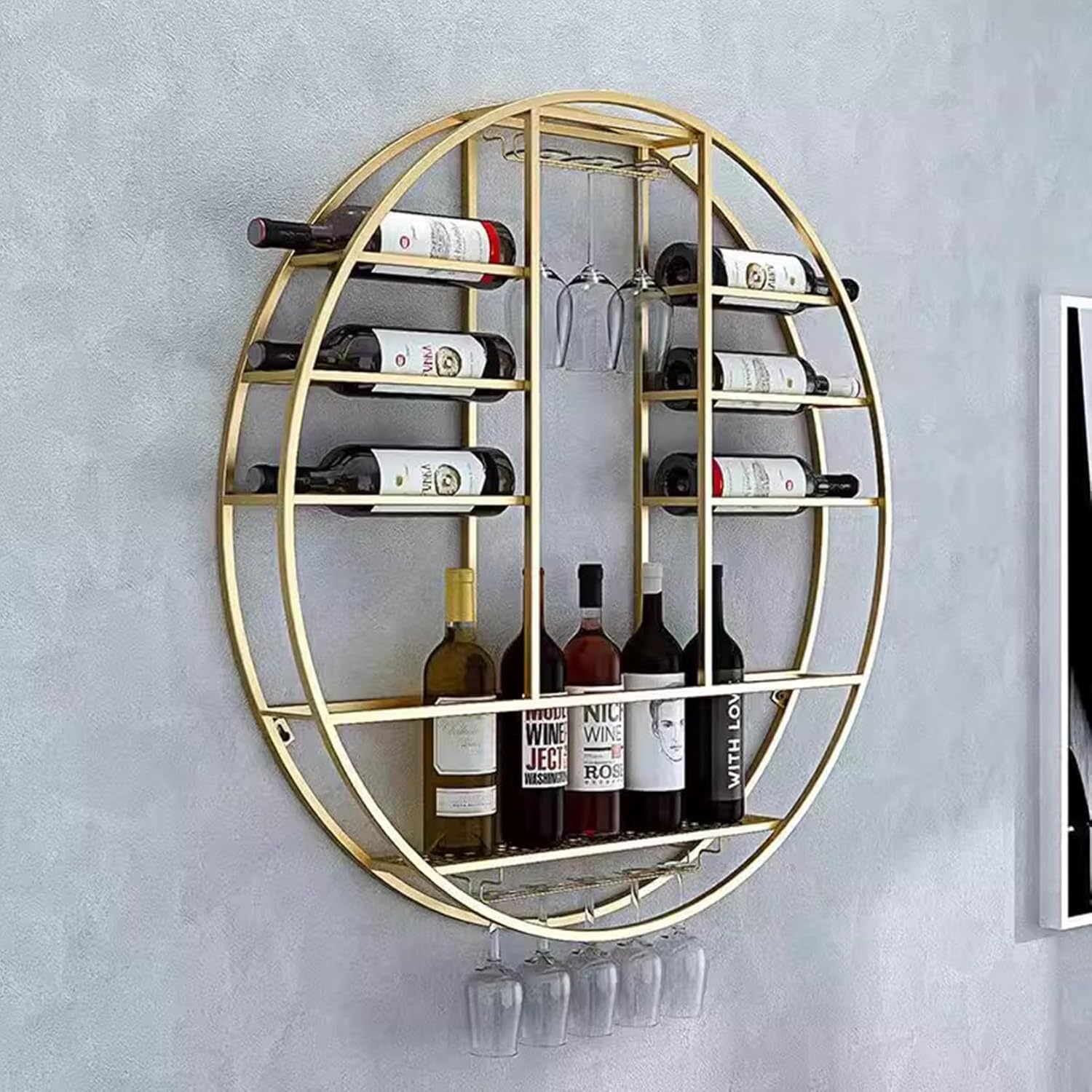 Wall-Mounted Wine Rack, Metal Bottle Holder & Glass Display Shelf, Space-Saving Storage for Kitchen, 80x80x11cm, Perfect for Wine Lovers & Home Decor.