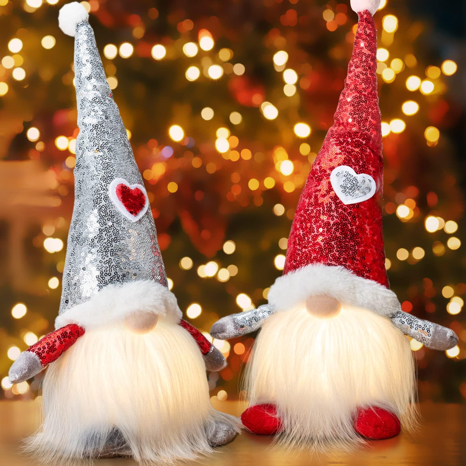 HMASYO 2PCS Handmade Christmas Swedish Gnome With Light - Scandinavian Tomte Santa Nisse Nordic Figurine Plush Gnomes Table Ornaments for Christmas Decorations (Red+Sliver (1 Pair))