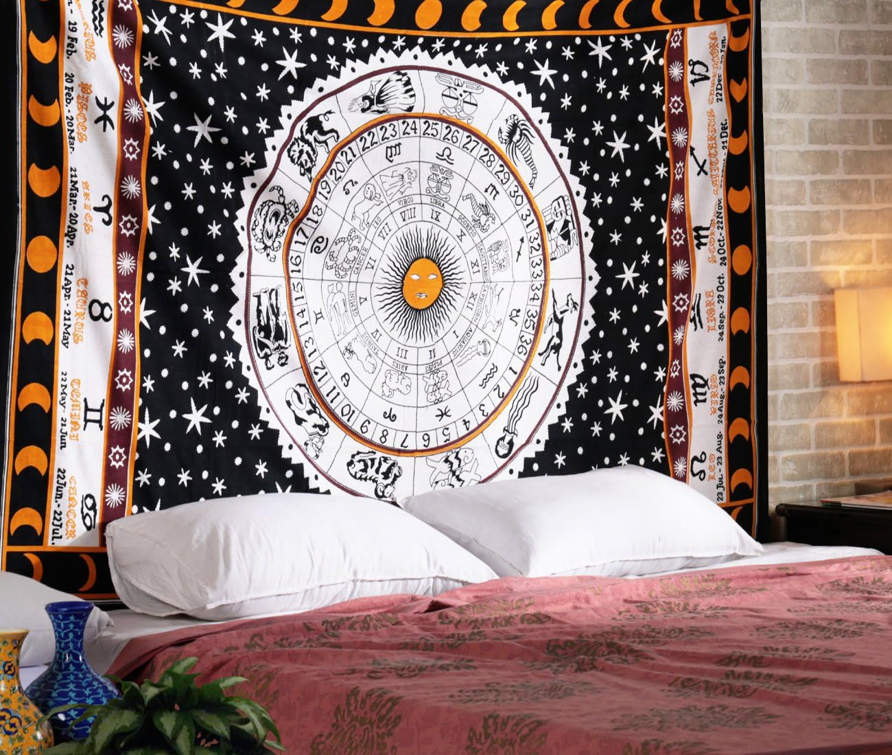 Celestial Sun and Moon Tapestry Twin - 84x54 Inches - Indian Hippie Psychedelic Tapestries Wall Hanging Bohemian Stars Planet Bedspread horoscope Mandala Beach Blanket - Black and White