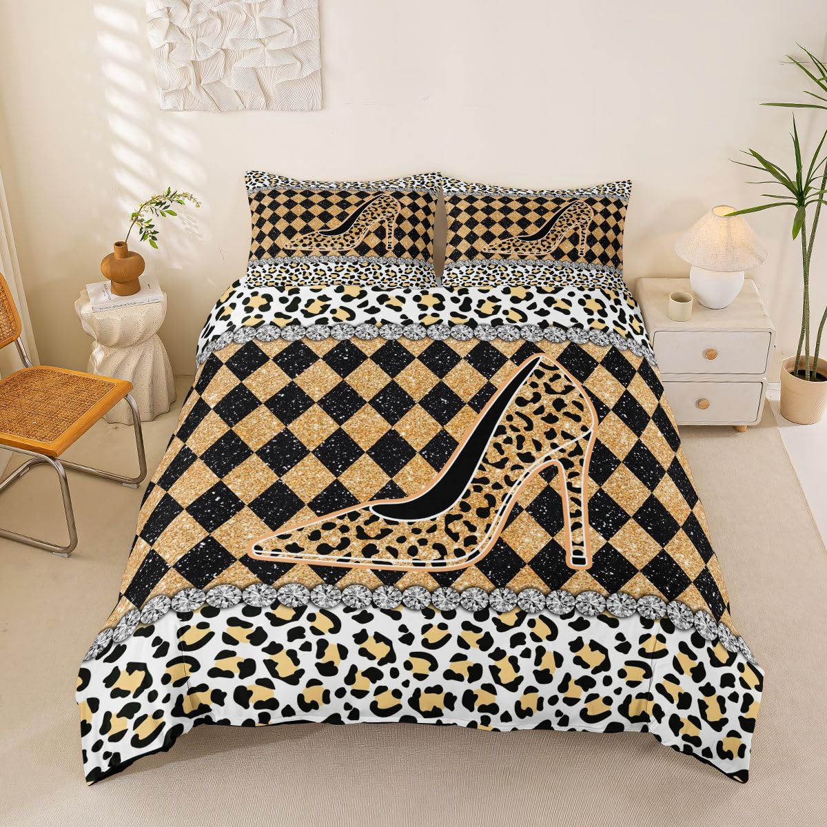 Homewish Dziewczęce lampart nadruk panthera siatka wysokie obcasy king size zestawy poszewek na kołdrę bawół krata pościel dla dorosłych nastolatków kobiet skóra kratka symulowana poszewka na kołdrę