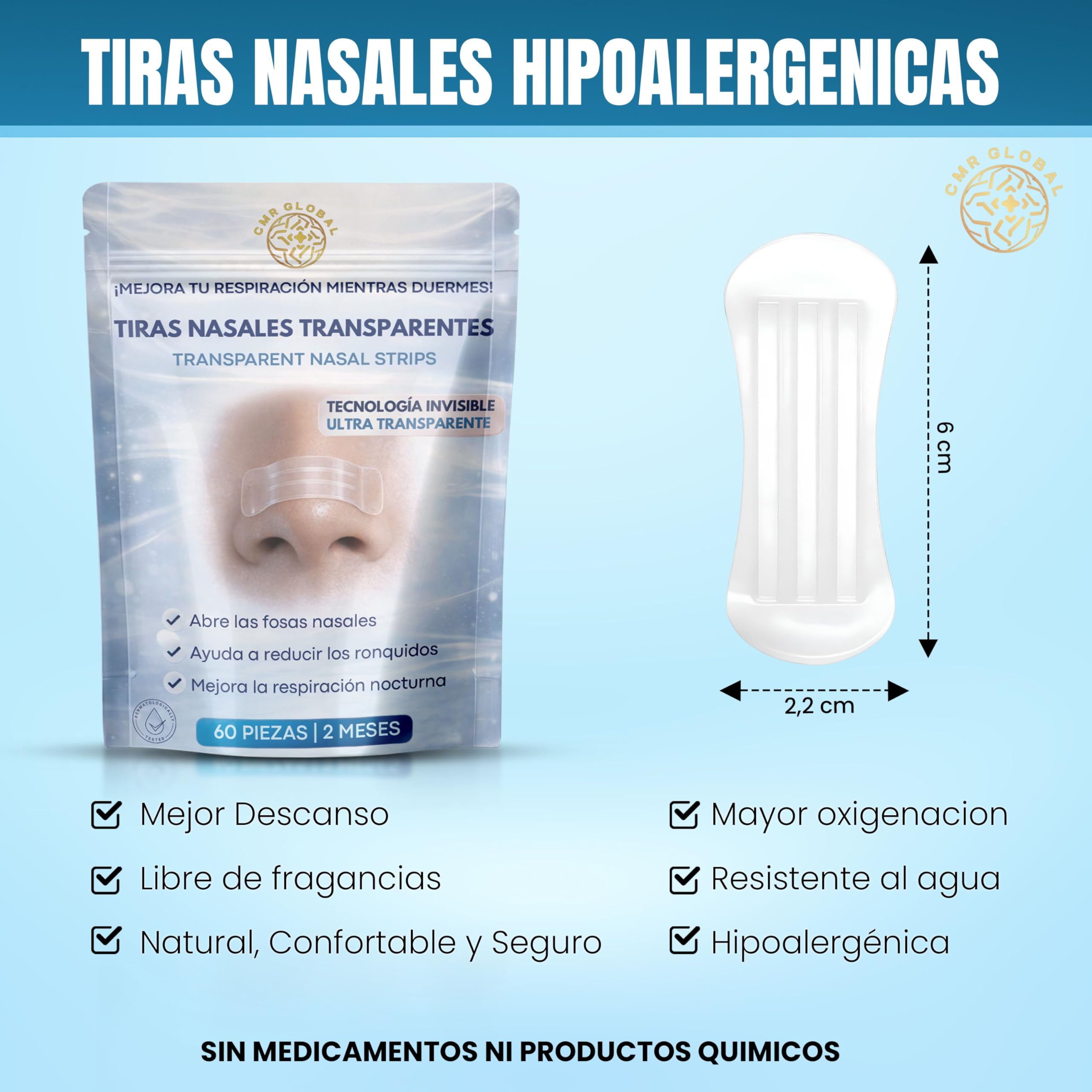 PACK PREMIUM 60 Tiras Nasales Deportivas. Tiras Nasales Antironquidos para Dormir Transparentes. Alivia la Congestión Nasal Para una Mejor Respiración. Nasal Strips Para Reducir Ronquidos Tiras Nariz