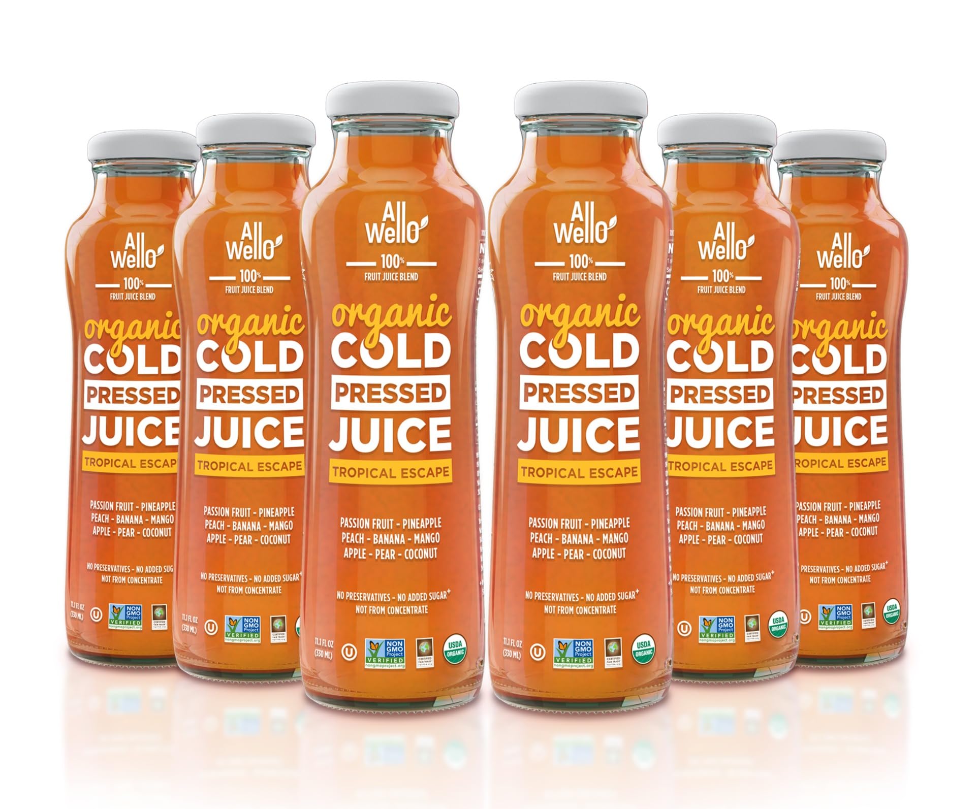 AllWellO Organic Cold Pressed Juice Drinks with Real Fruits and Vegetables Gluten Free Non-GMO Healthy Juices No Preservatives No Sugar Added (Tropical Escape, 6 Pack)USDA Organic